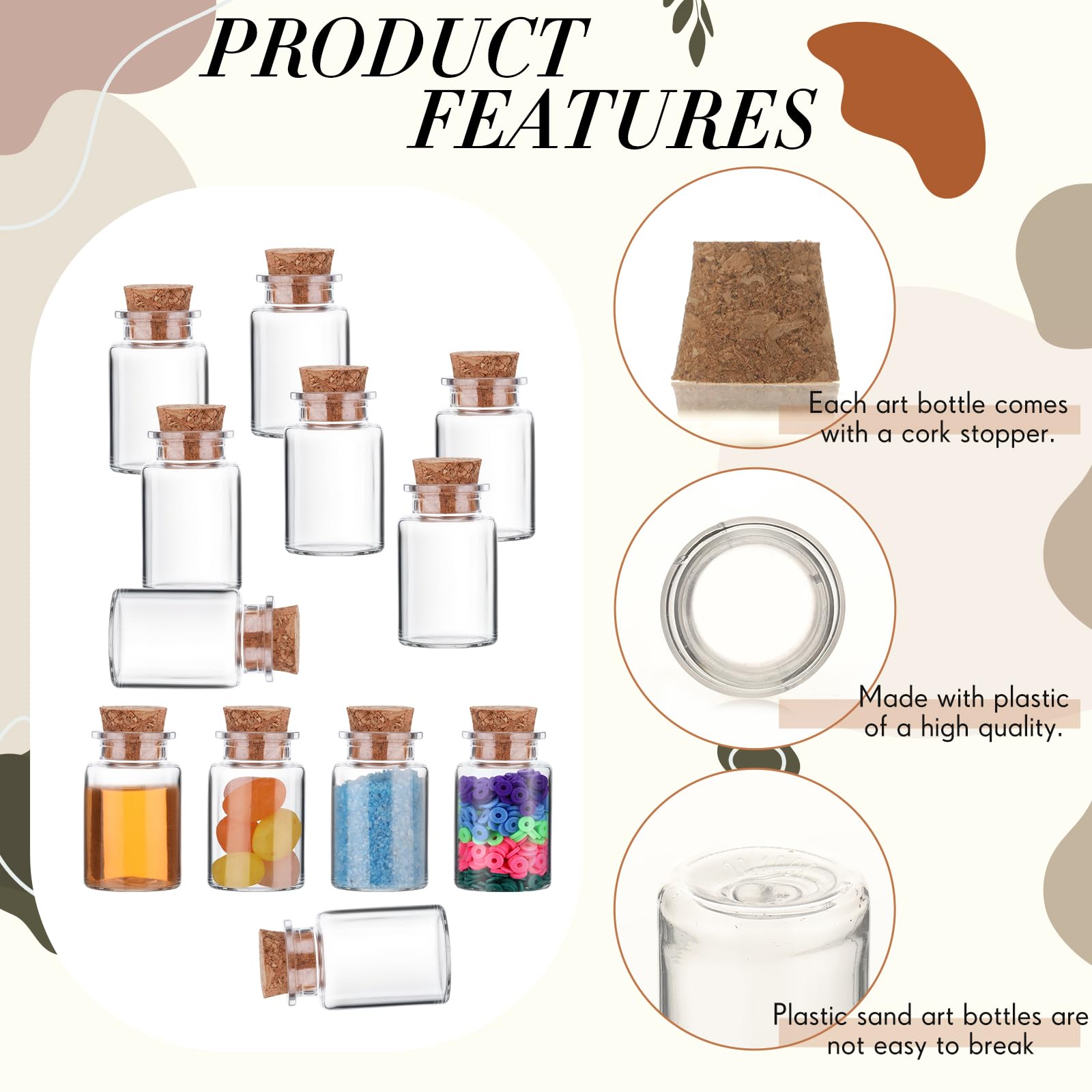 Bokon 25 Pack Mini Plastic Bottles with Corks Stoppers Eye Screws Funnels Small Potion Bottles Tiny Clear Sand Art Jar Wishing V