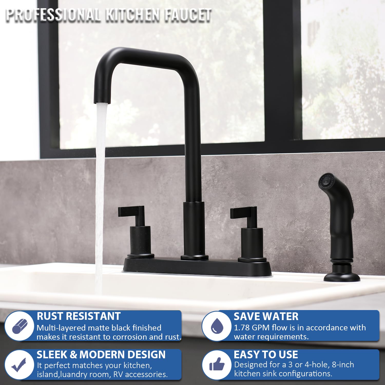 Kitchen Faucet With Sprayer, Black Kitchen Faucet, Matte Black Kitchen Sink Faucet, Stainless Steel Kitchen Sink Faucet With Sid