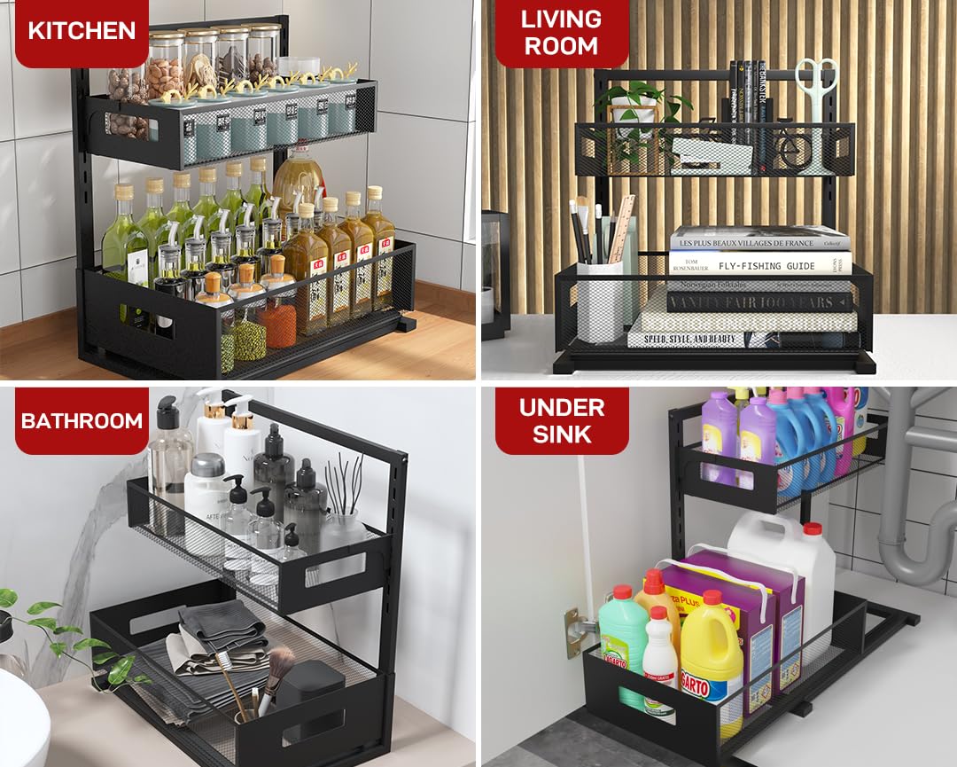 Under Sink Organizer Pull Out Cabinet Organizer Adjustable Height 2 Tier Bathroom Organizer With Sliding Drawers Kitchen Organiz