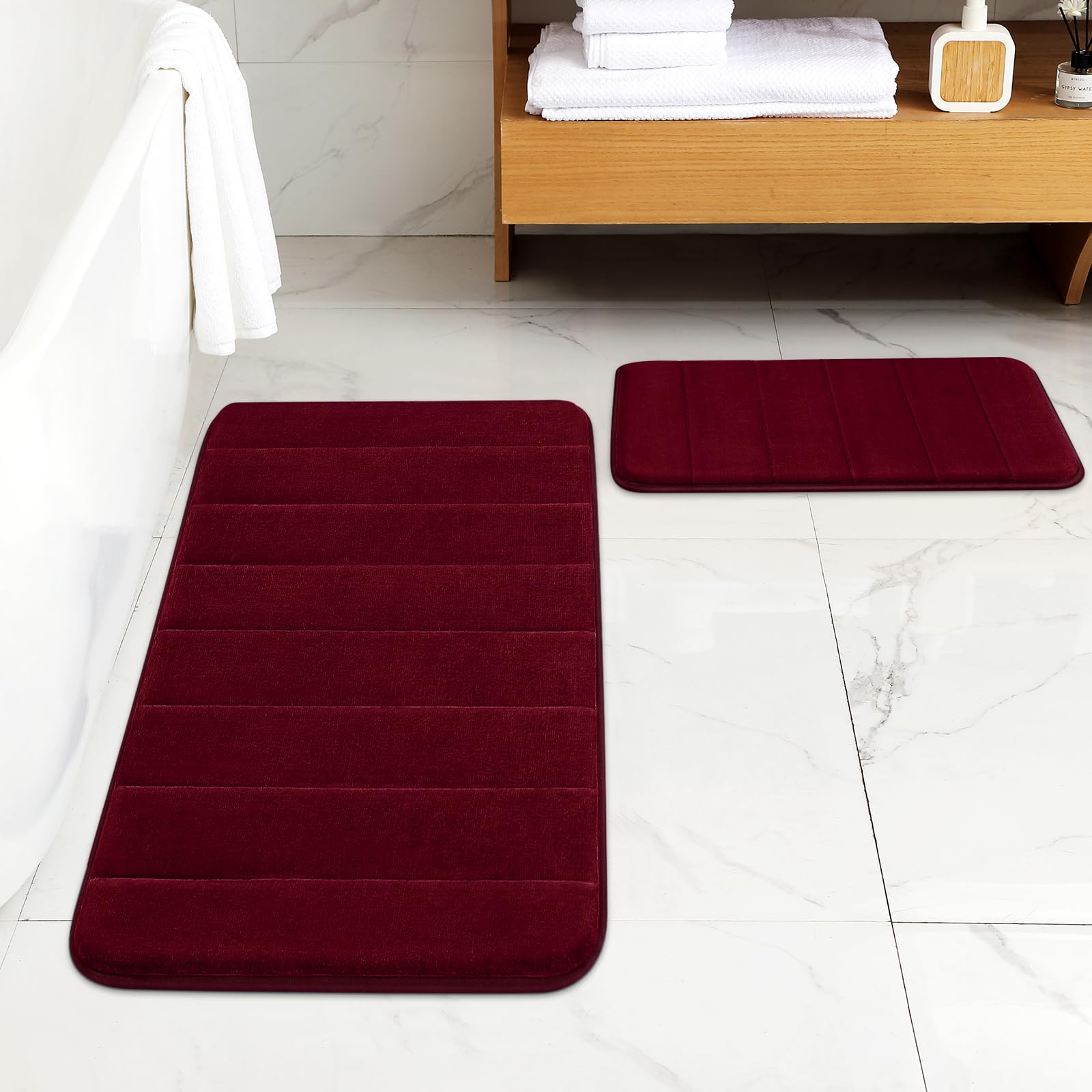 Bysure Bathroom Rugs Sets 2 Piece, Memory Foam Non Slip Extra Soft Absorbent Machine Washable Toilet Bath Mats (Burgundy, 17X24+