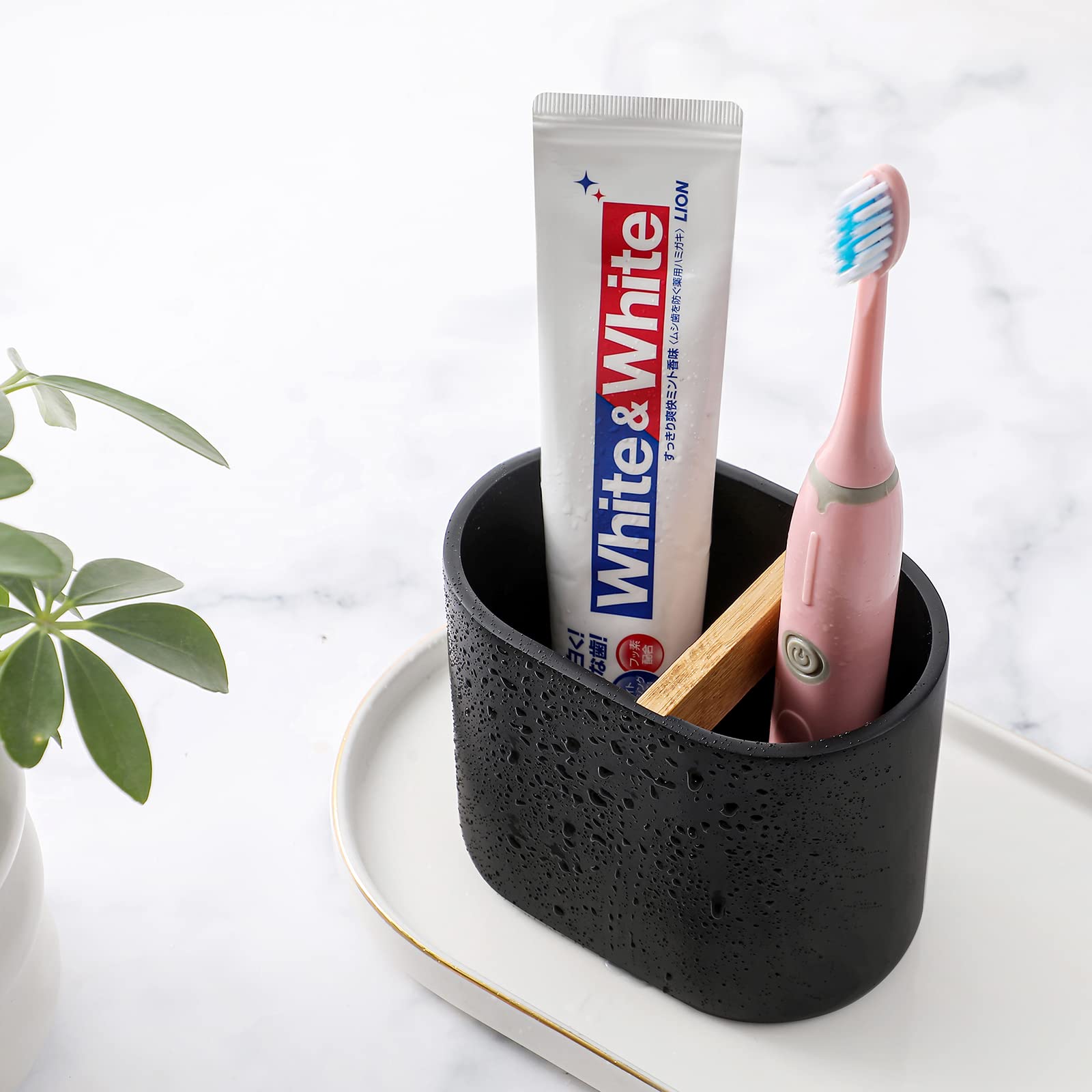 Rejomiik Thick Resin Toothbrush Holders Bamboo Tooth Brushing Holder For Bathroom Countertop, Tooth Brush Storage Organizer Stan