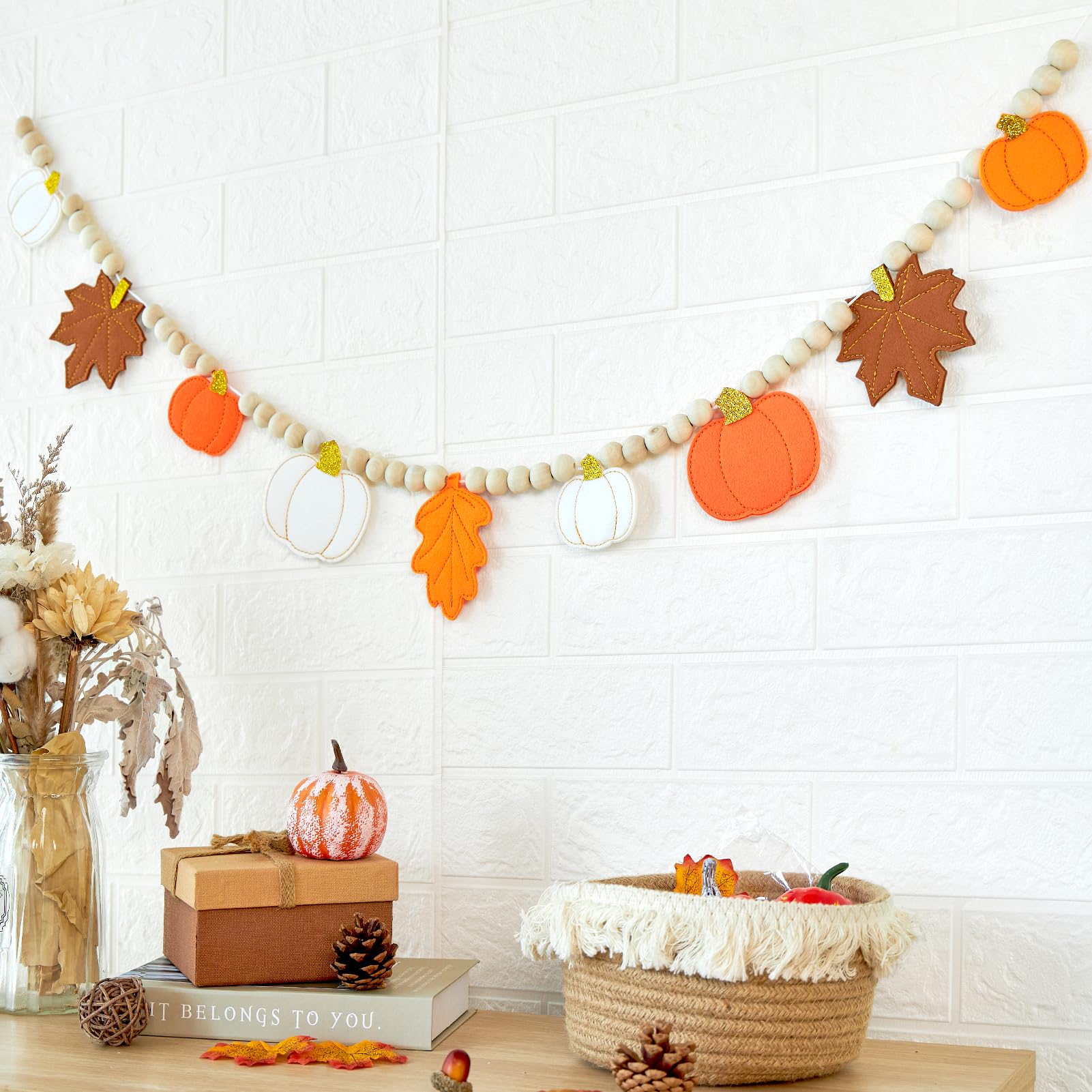 Fall Decorations for Home Felt Pumpkin Garland and Wood Bead Felt Pumpkins Hanging Garland Maple Leaf Banner for Thanksgving Dec
