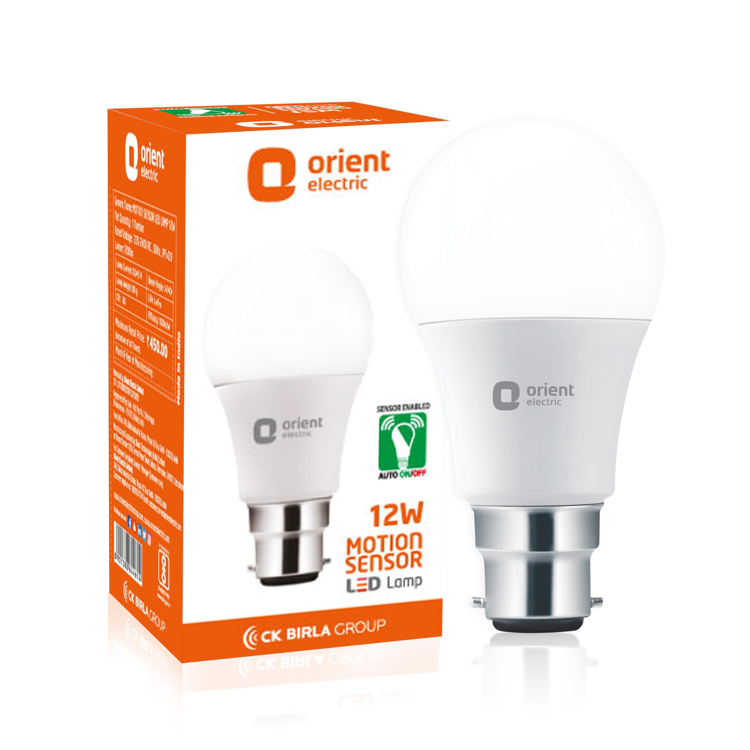 Orient Electric 12W Motion Sensor Led Bulb For Home | Radar Based Led Light With Auto OnOff Feature | Cool White, 6500K | B22D 