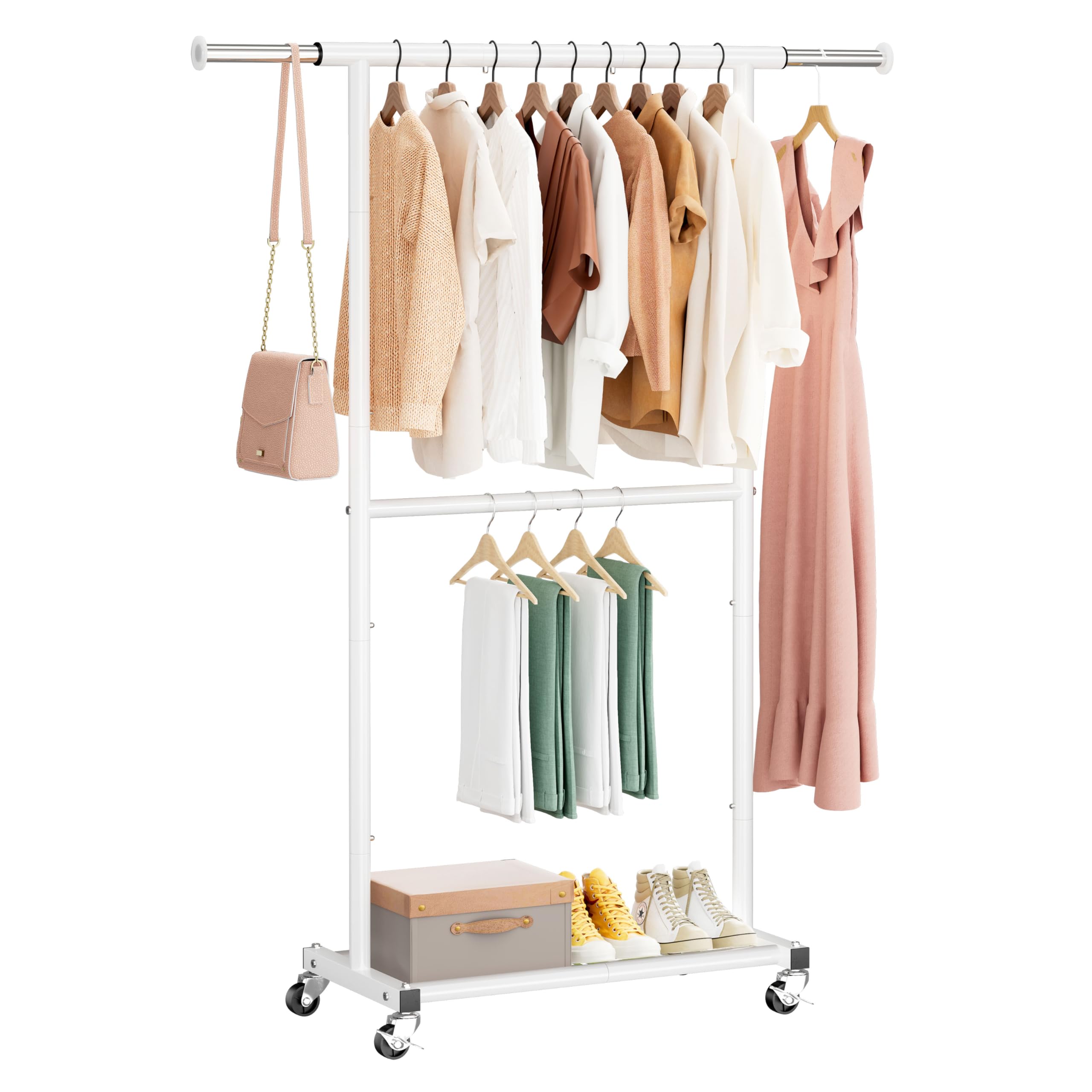 Mwq Double Rod Clothes Garment Rack On Wheels, 50In Long Rolling Clothing Storage Organizer With Adjustable Rod And Shelf, White