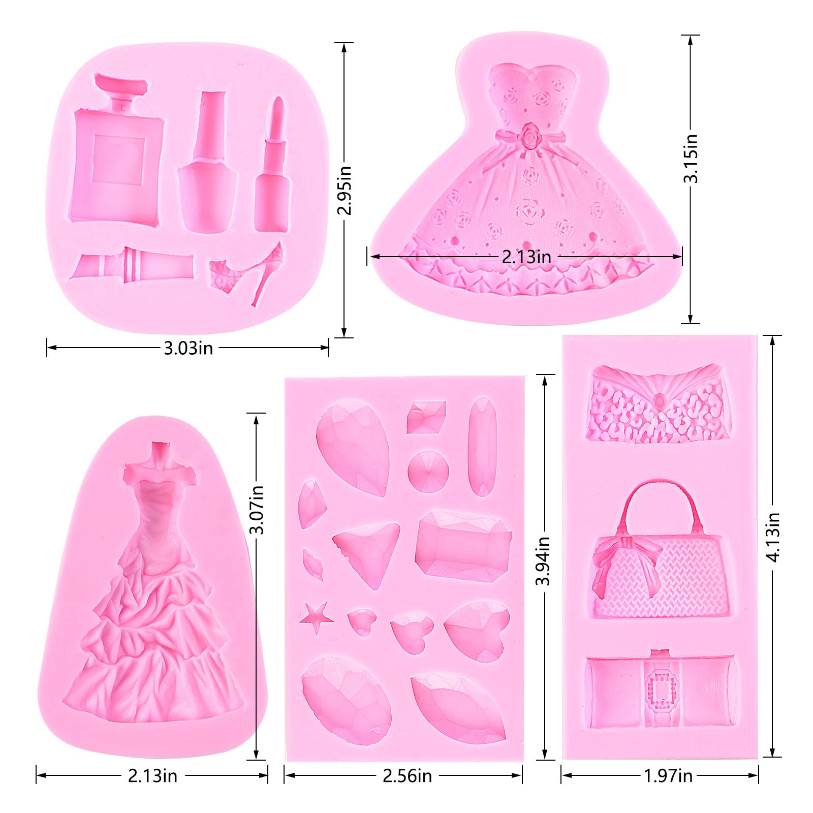 Makeup Fondant Molds, Gem High Heel Candy Chocolate Lipstick Cake Decoration Silicone Molds (5Pack) For Queen Theme Party, Princ
