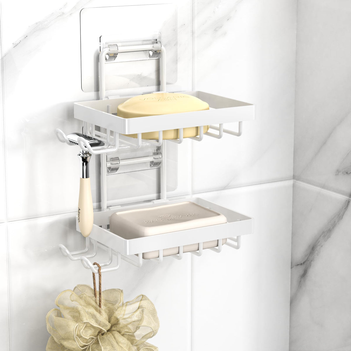 Moforoco White Double Soap Bar Holder For Shower, No Drilling, 304 Rustproof Stainless Steel, Wall Mounted Soap Holder With 4 Ho