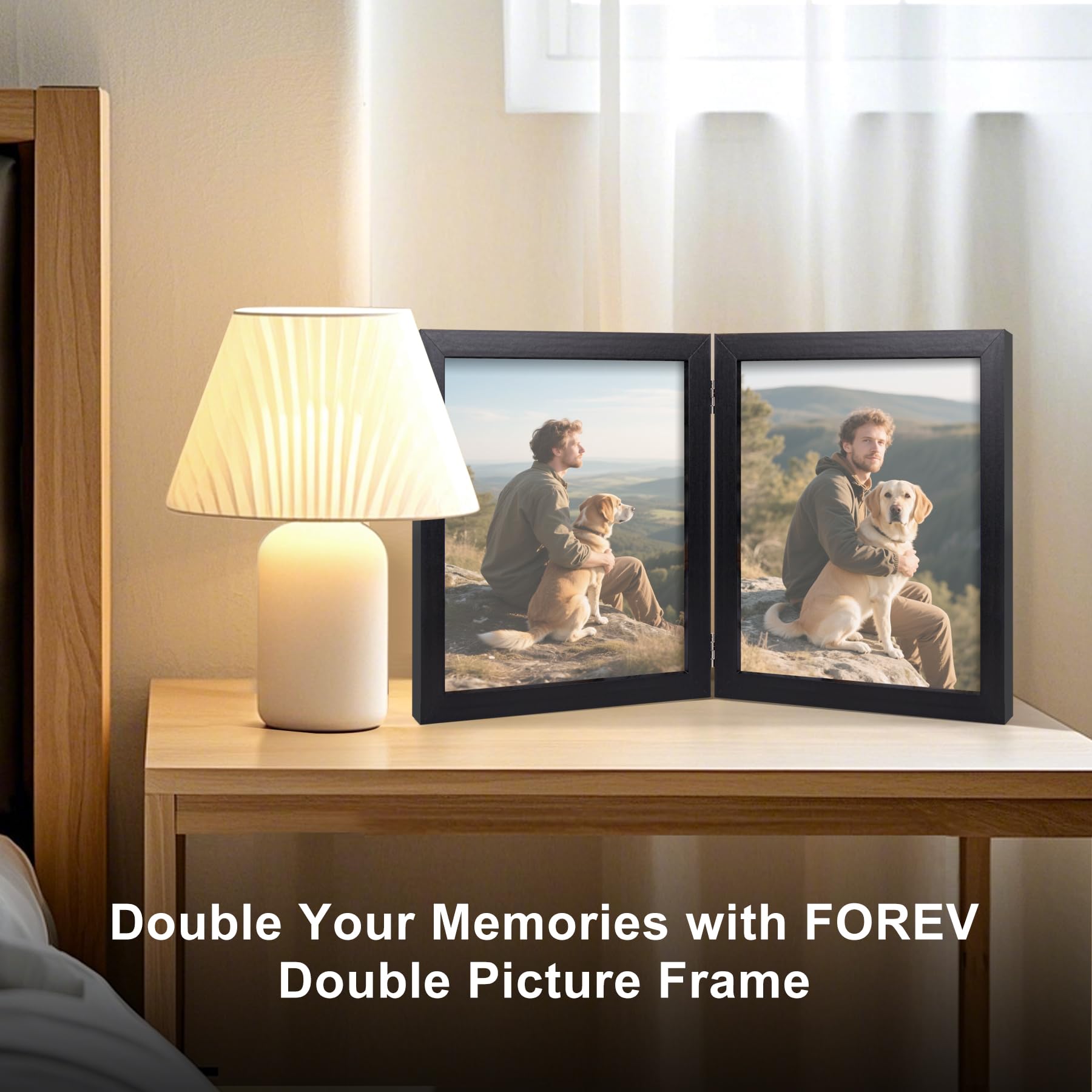 8x10 Double Picture Frame Wooden Hinged Photo Frame Definition Glass Stand Vertically on Desktop or Tabletop Black