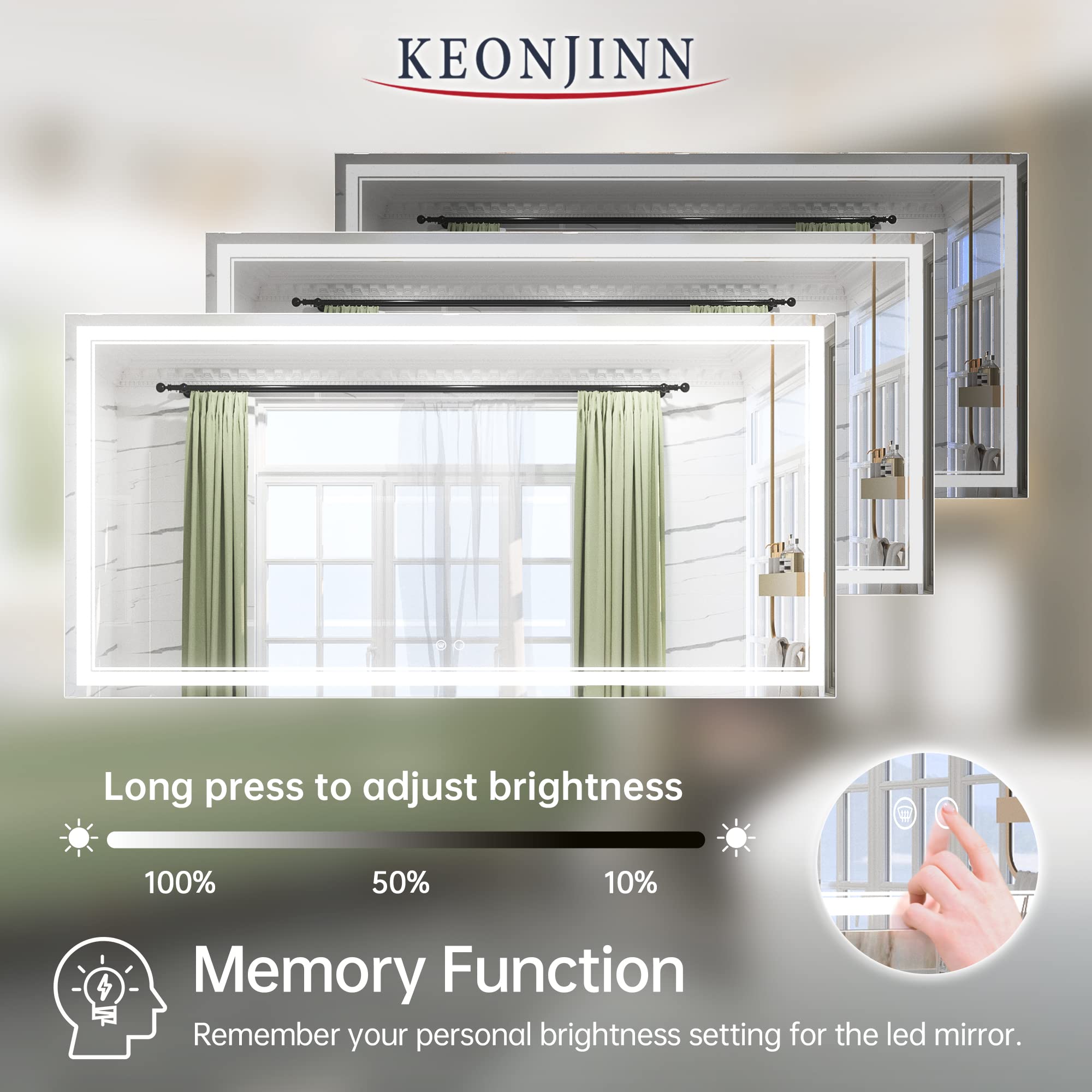 Keonjinn 72 x 36 Inch LED Bathroom Mirror with Lights  Lighted Vanity Mirror  Wall Mounted Anti-Fog Dimmable Memory Brightness Front lit Makeup Mirrors  IP54 CRI 95+ Shatterproof(Horizontal/Vertical)