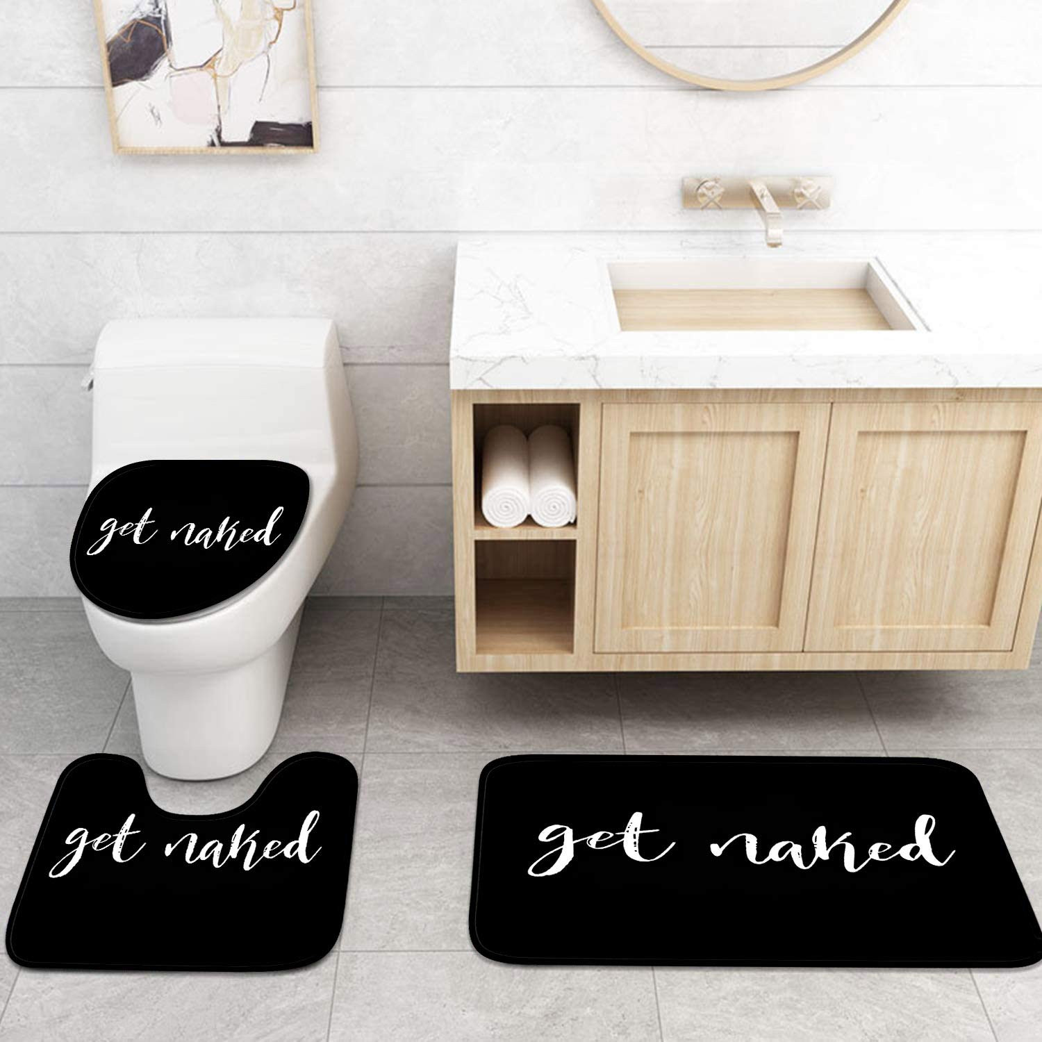Britimes 4 Piece Shower Curtain Sets  with 12 Hooks  Get Naked Black with Non-Slip Rugs  Toilet Lid Cover and Bath Mat  Durable and Waterproof  for Bathroom Decor Set  72'' x 72''