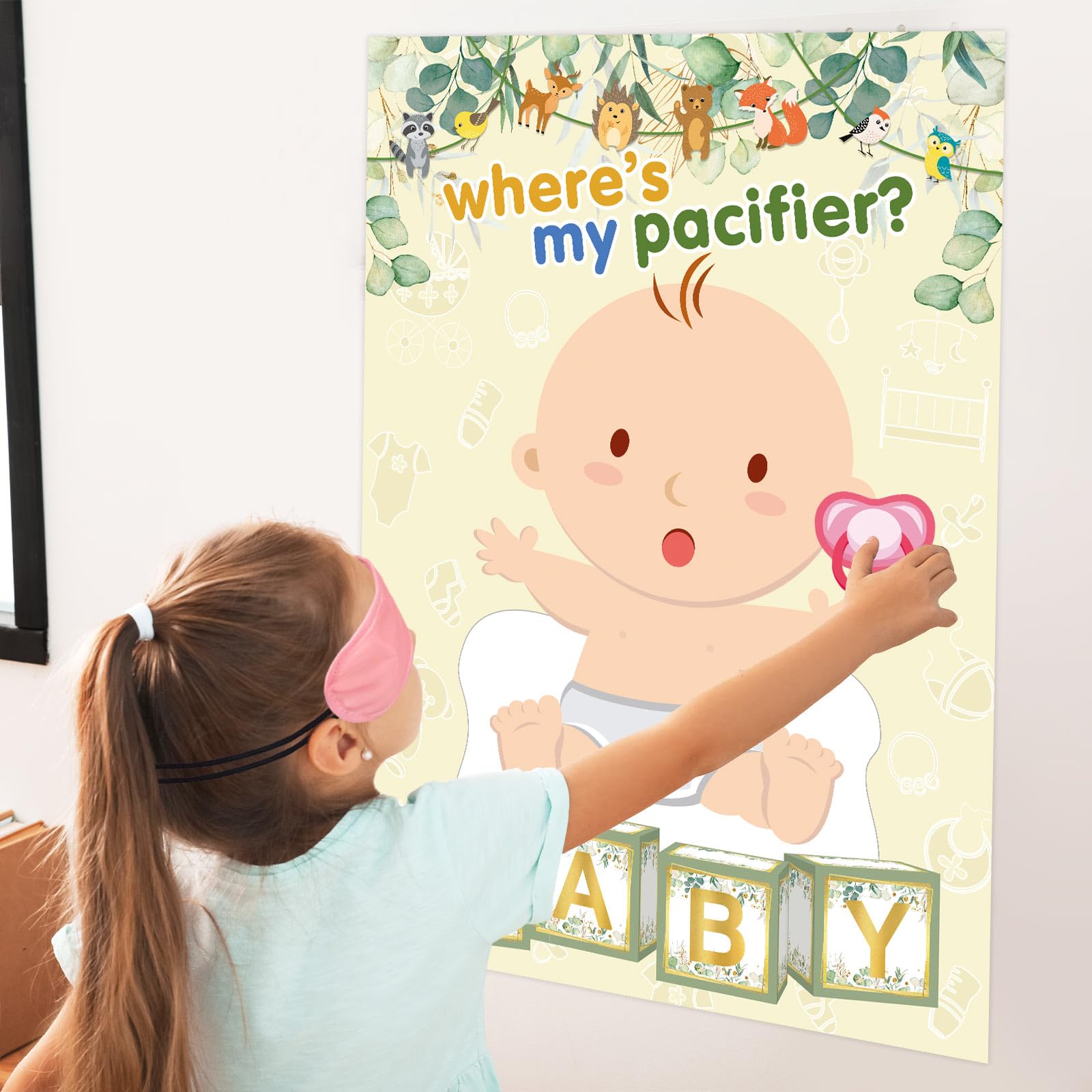 Pin The Pacifier On The Baby Game With 48 Pcs Pacifier Stickers For Kids Girls Birthday 21'' X 28'' (Baby Shower)