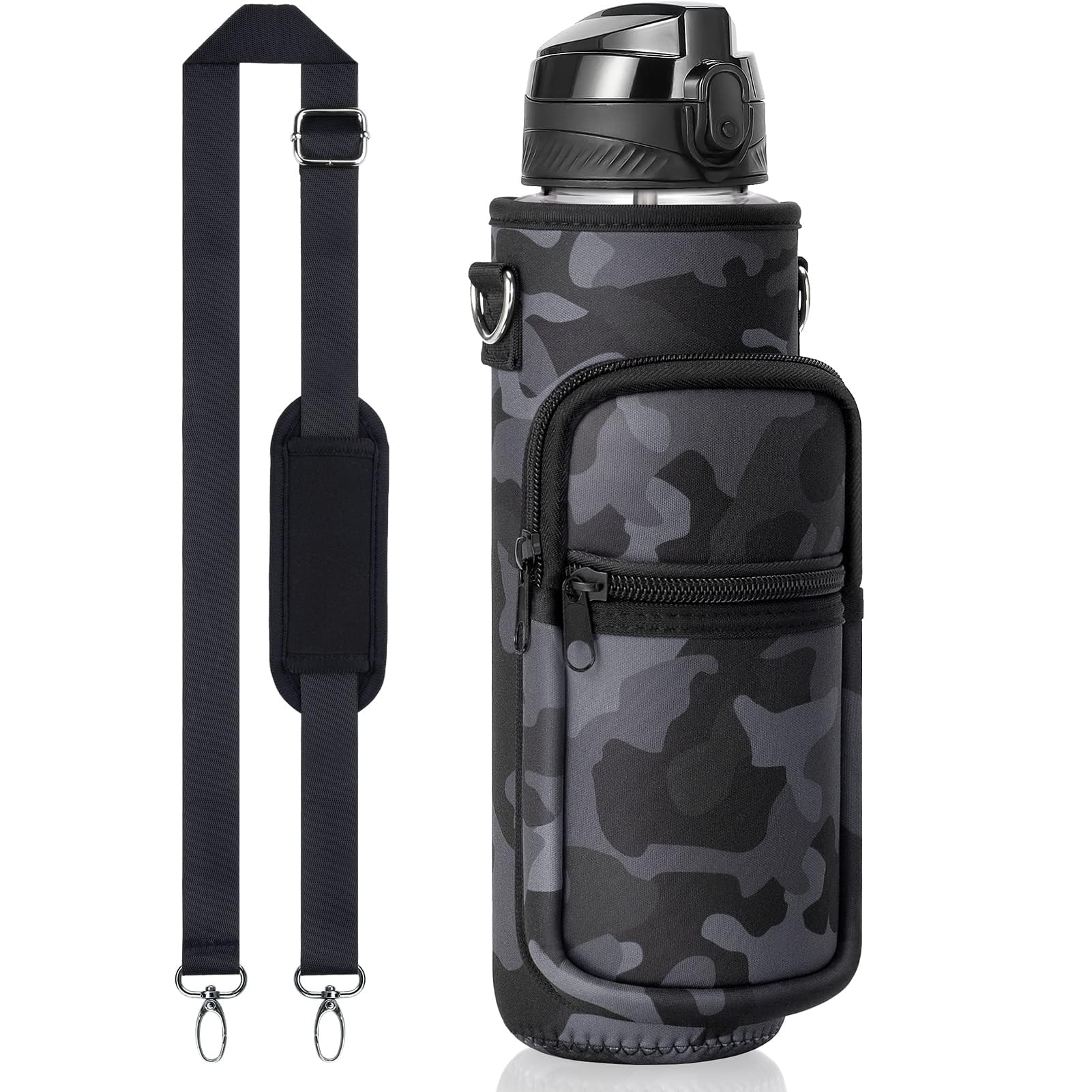 Fimibuke 32 oz Water Bottle with Sleeve - BPA Free Leakproof Sport Large 1L Plastic Motivational Water Bottle with Straw Strap Insulated Neoprene Holder Carrier Bag for Kid Women Men(A8.Camo)