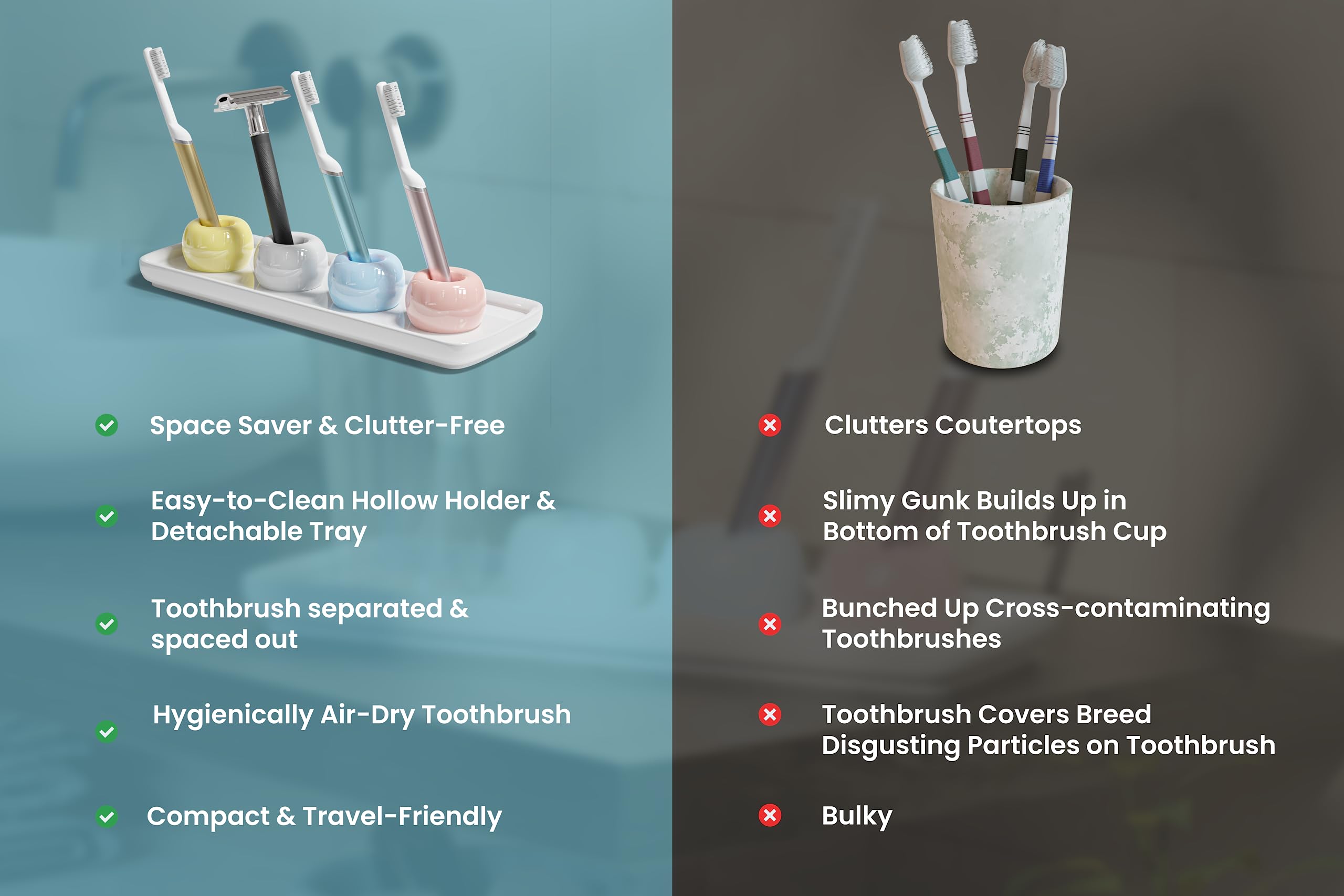 Standing Toothbrush Holder With Tray, Toothbrush Stand, Ceramic Toothbrush Holder For Bathroom, Small Toothbrush Holder (4 Holde