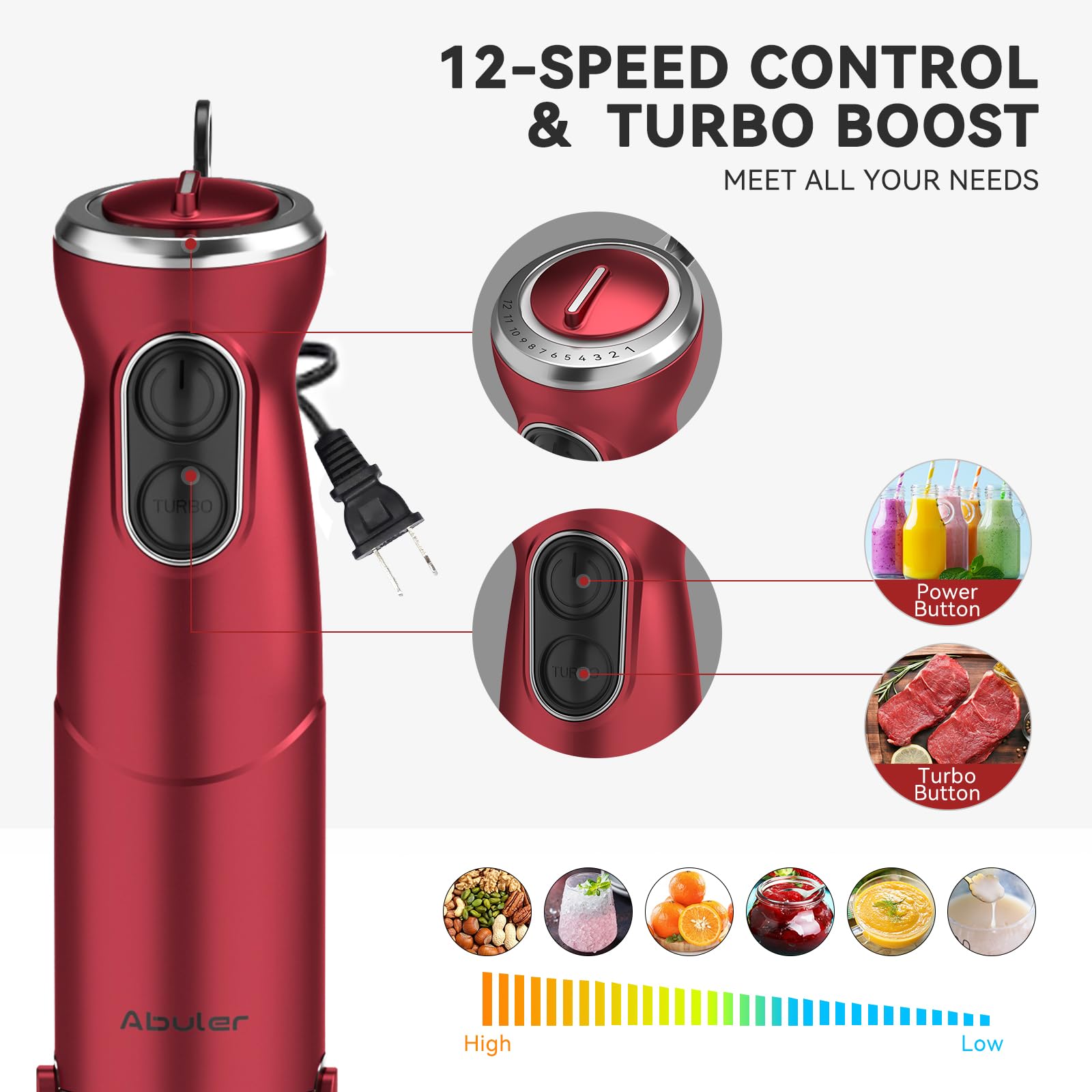 Abuler Immersion Blender 5 in 1, 1000W Hand Mixer, 12 Speed, 304 Stainless Steel, Red, Model HB-2035, with Beaker, Chopper