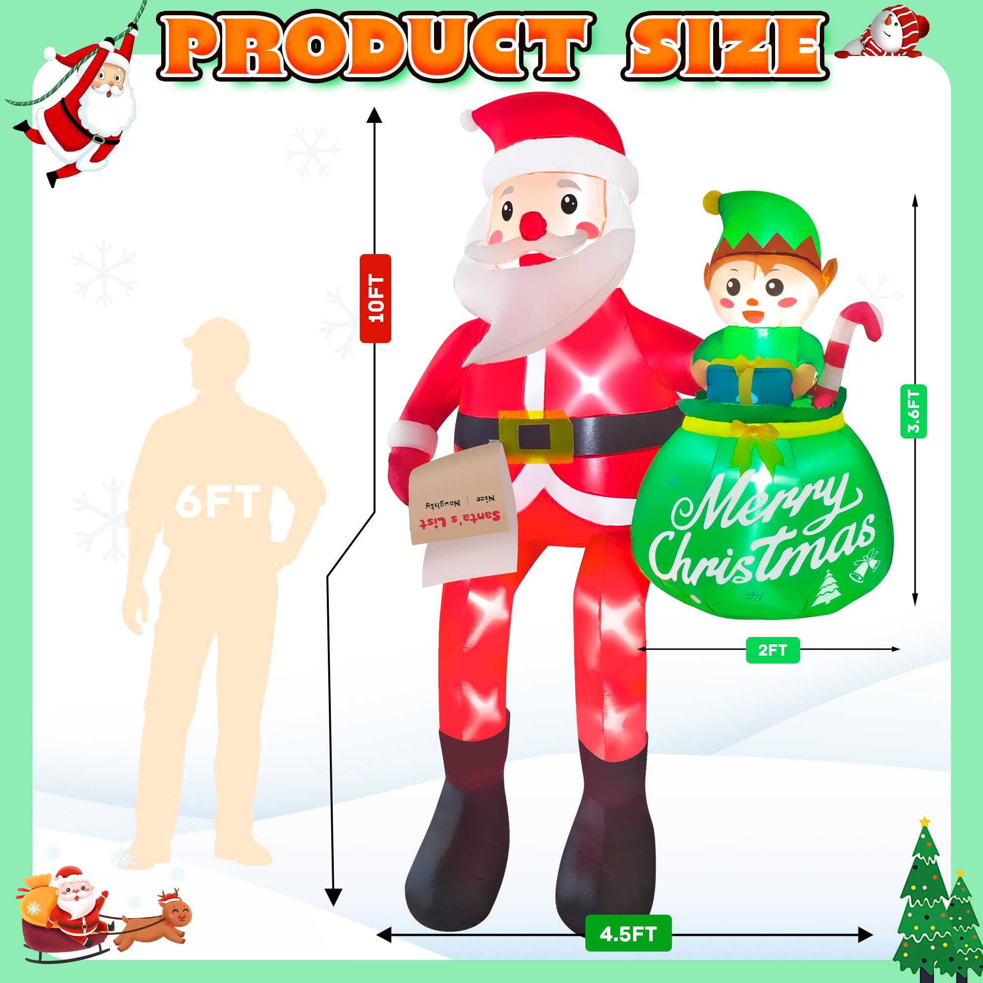 CORALMEE 10FT Christmas Inflatable Santa Claus Outdoor Decorations, Climbing Santa Inflatable Yard Decor with Elf & Built-in LED