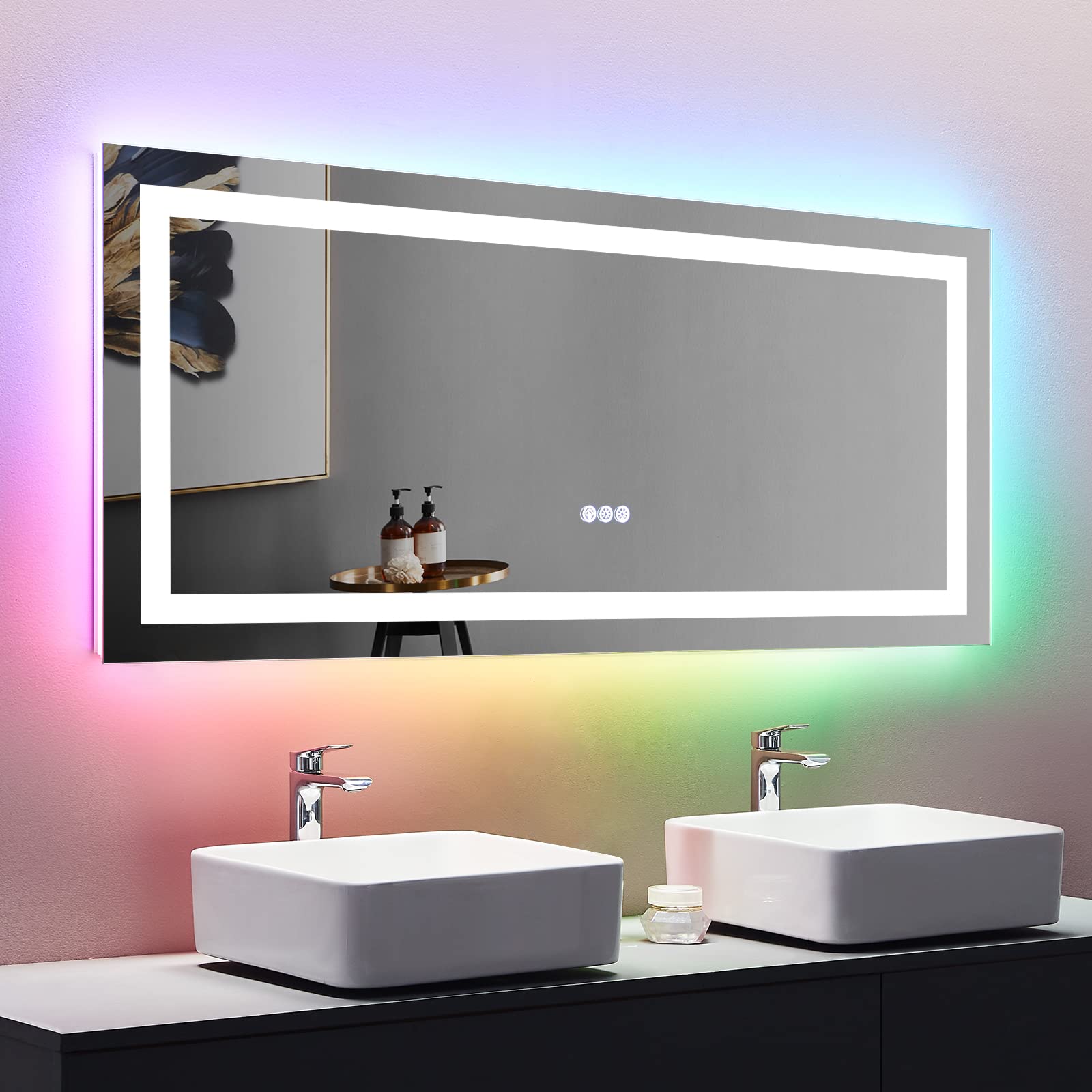 Loaao 60X28 Rgb Led Bathroom Mirror With Lights, Large, Anti-Fog, Dimmable Lighted Bathroom Vanity Mirror, Colorful Multiple Lig