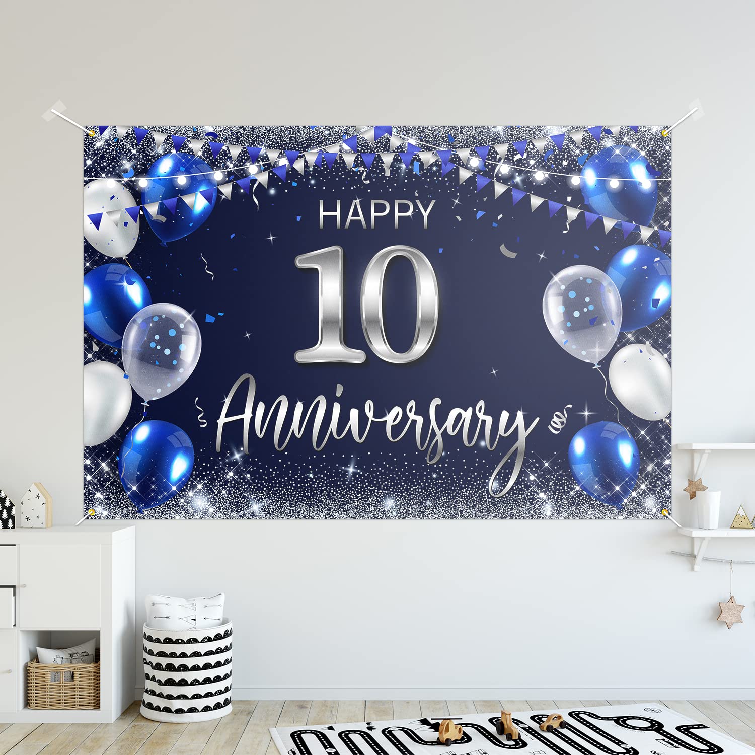 Happy 10Th Anniversary Backdrop Banner Decor Navy Blue - Silver Glitter Happy 10 Years Wedding Anniversary Party Theme Decoratio
