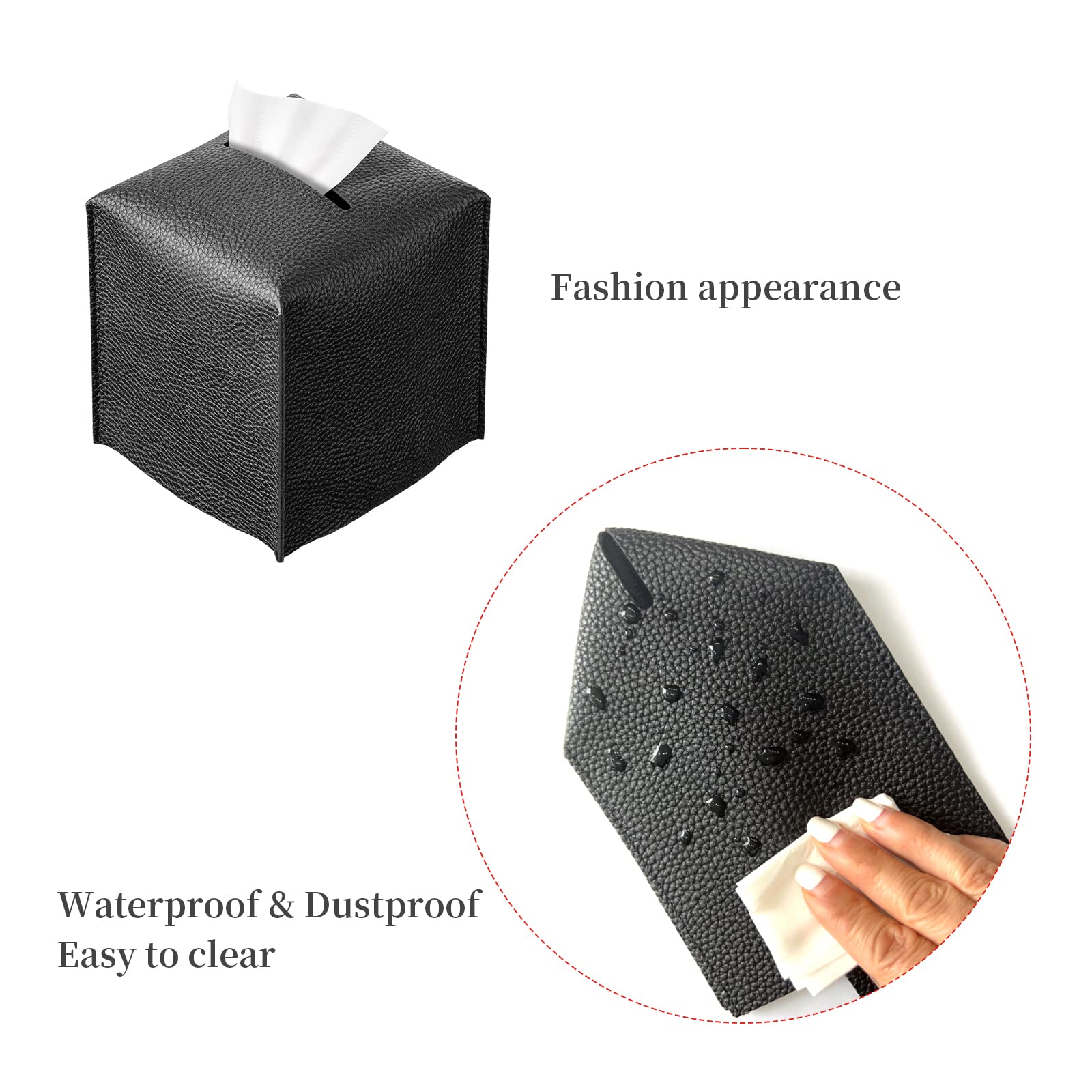 REGELETO Square Tissue Box Cover  Pu Leather Tissue Box Holder with Bottom Belt Modern Stylish Tissue Box Organizer for Bathroom  Bedroom  Hotel  Office Desk 5''X5''X5'' (Black)