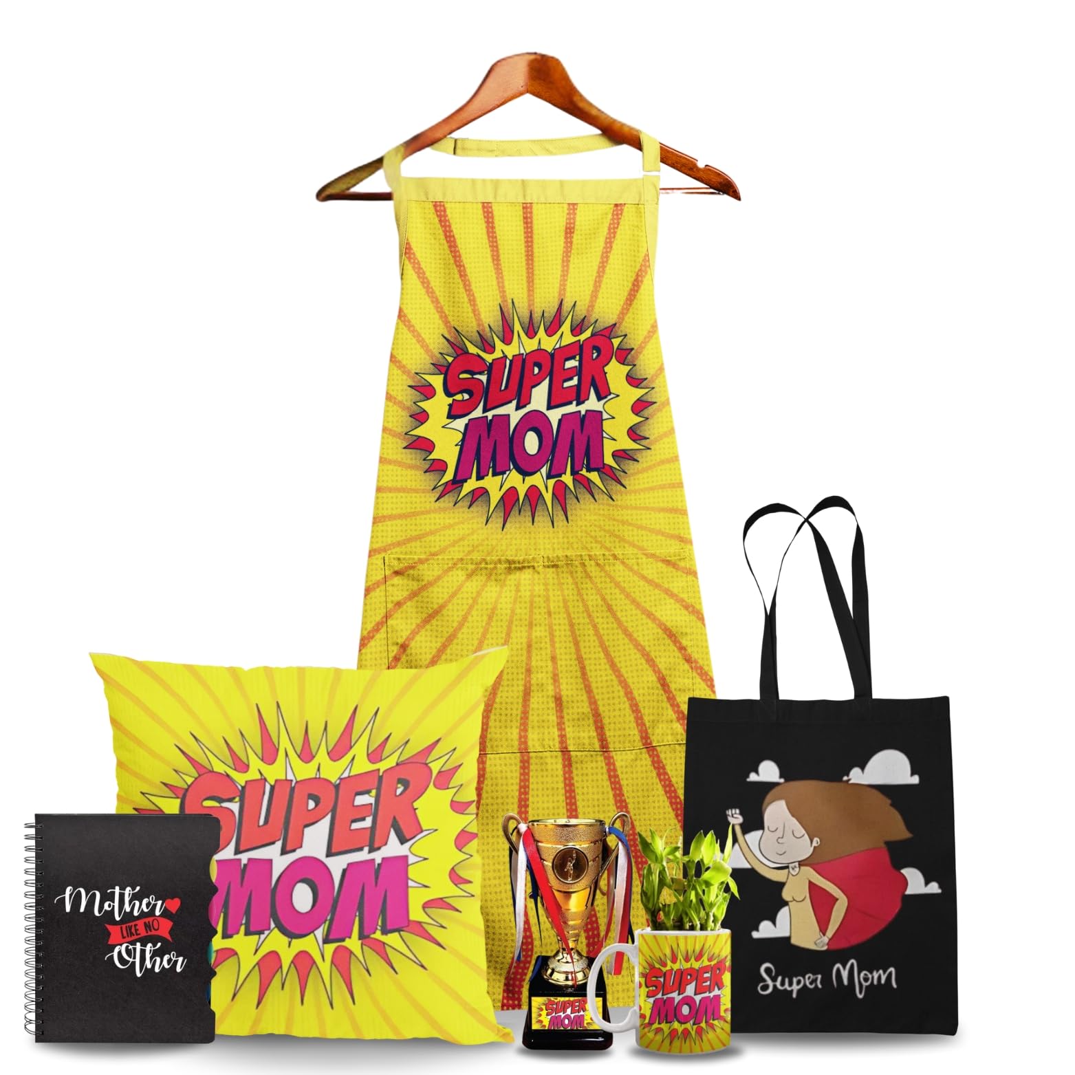 Theyayacafe Super Mom Set Of 6 Gift Hamper For Mom  Apron, Notebook, Cushion Cover 12X12 Inches, Tote Bag, Bamboo Planter, Trop