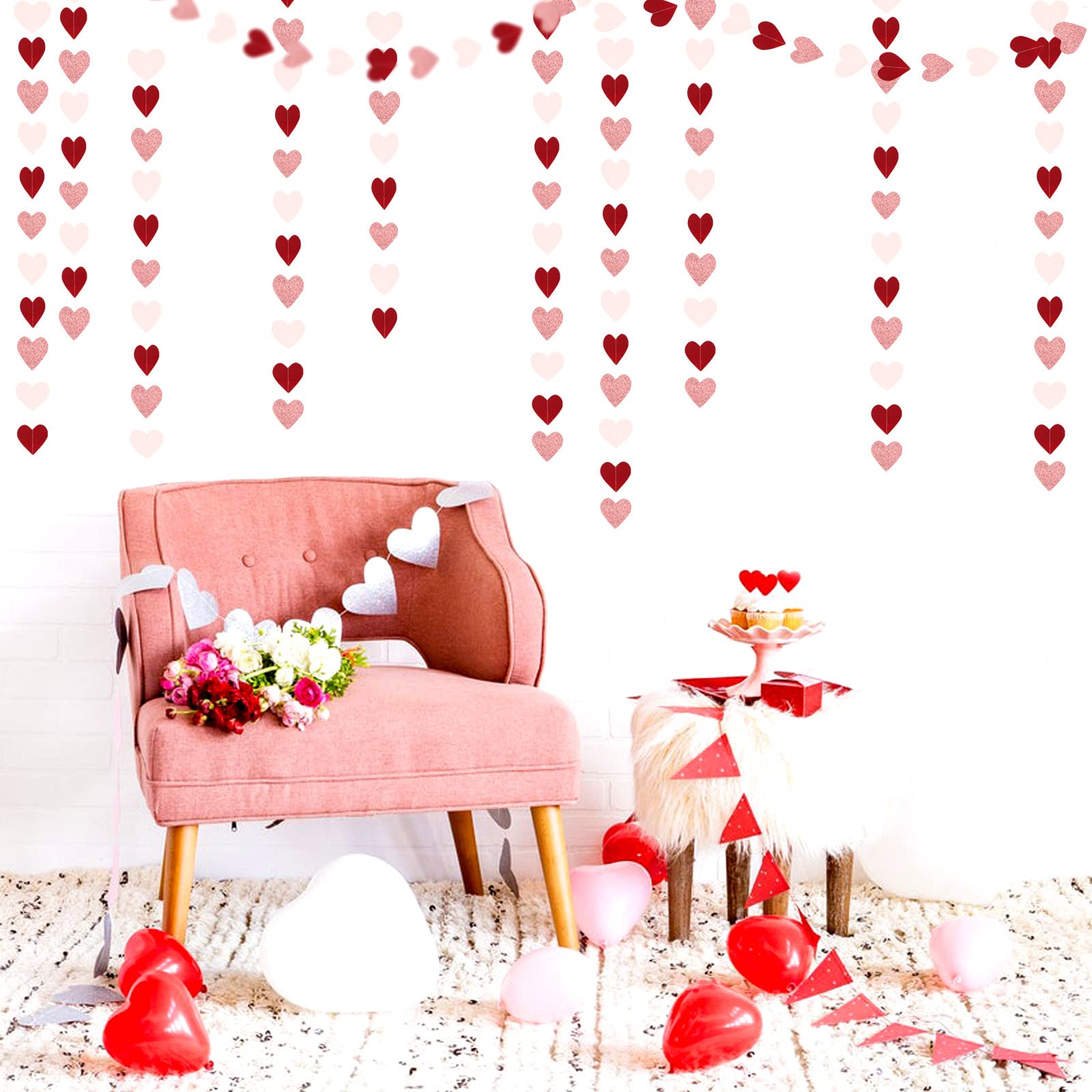 Rose-Gold Pink Burgundy-Red Party-Decorations Garland - 52Ft Heart Paper Streamers Banner, Valentines Mothers Day Bachelorette B