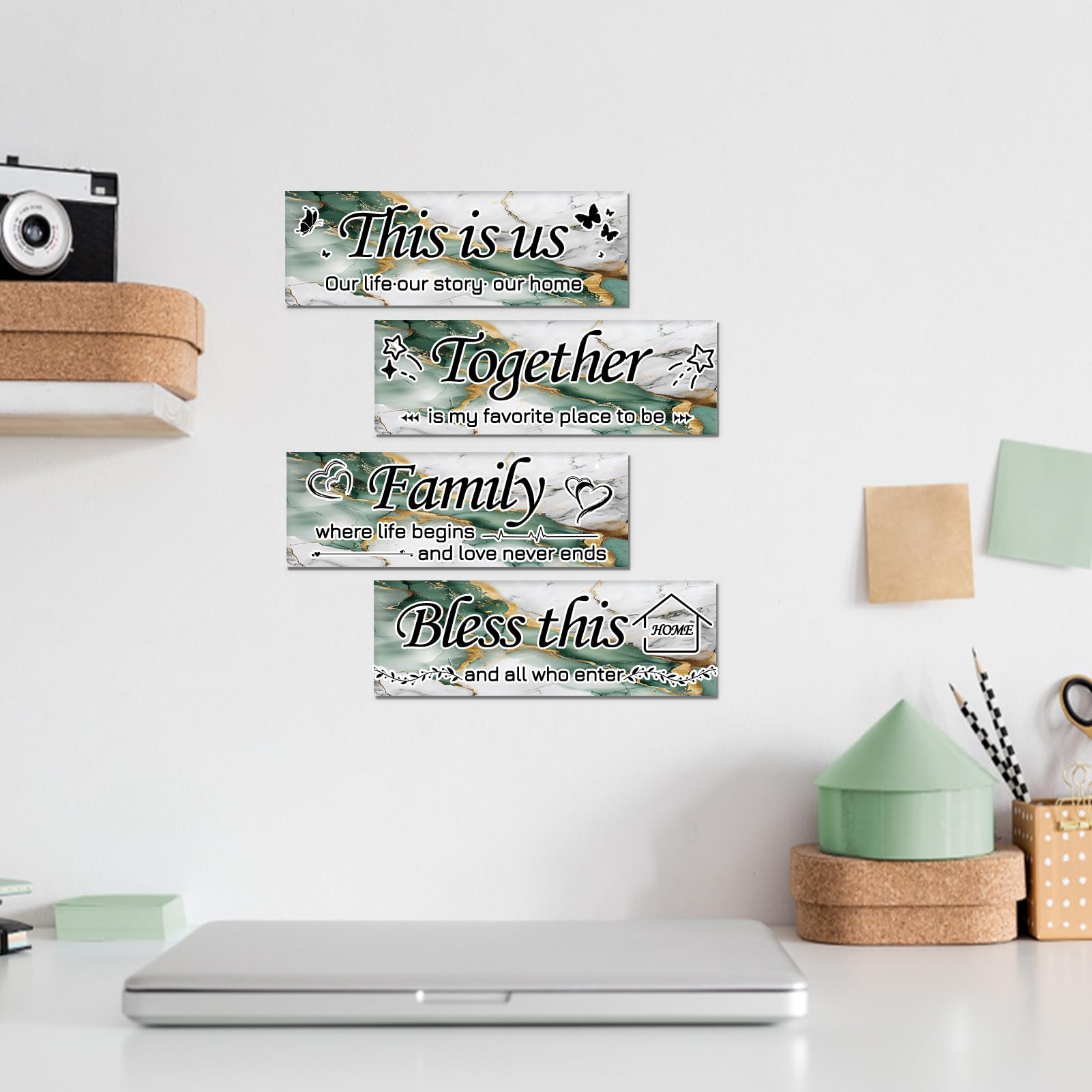 Lnond 4 Pieces Green white black Marble Living Room Wall Decor, Motivational Home Family Rustic Wall Art Decor for Bedroom Livin