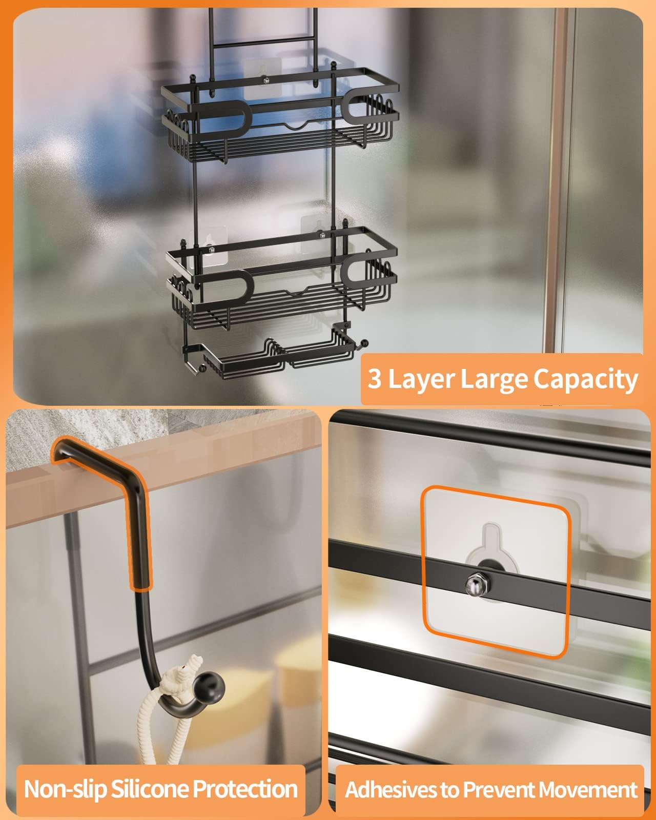 Swtymiki Over The Door Shower Caddy With Double Soap Holder, Stainless Steel Hanging Shower Organizer With 16 Hooks No Drilling