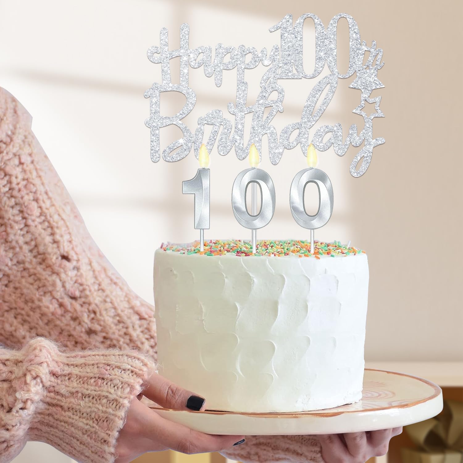 100th Birthday Decorations for Women Silver with 100th Birthday Sash and Tiara, Cake Topper and Candles, Silver Number Balloons,