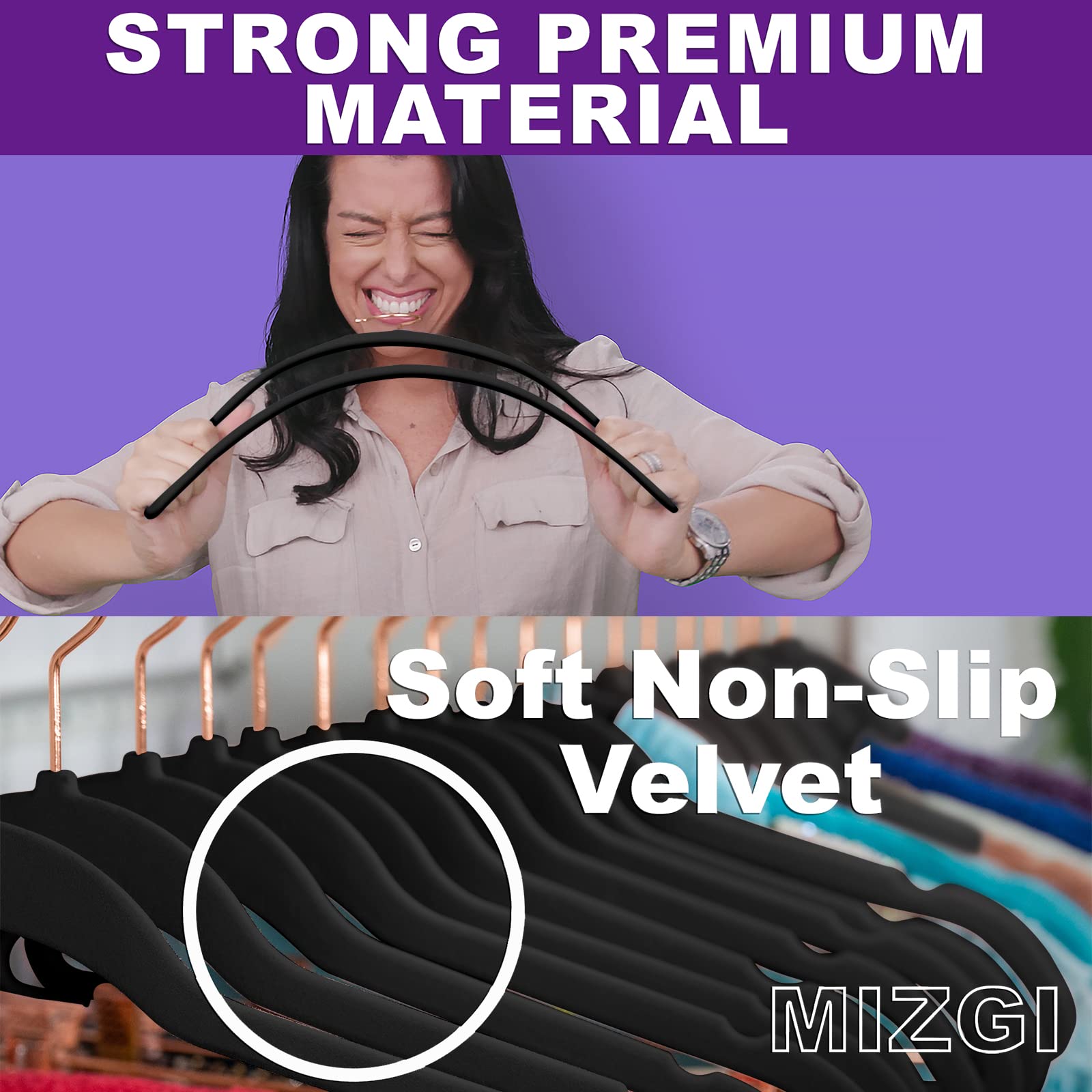 MIZGI Premium Velvet Hangers (50 Pack) Heavy Duty - Non Slip Felt Hangers - Velvet Suit Hangers Black - Rose Gold Hooks Space Saving Clothes Hangers
