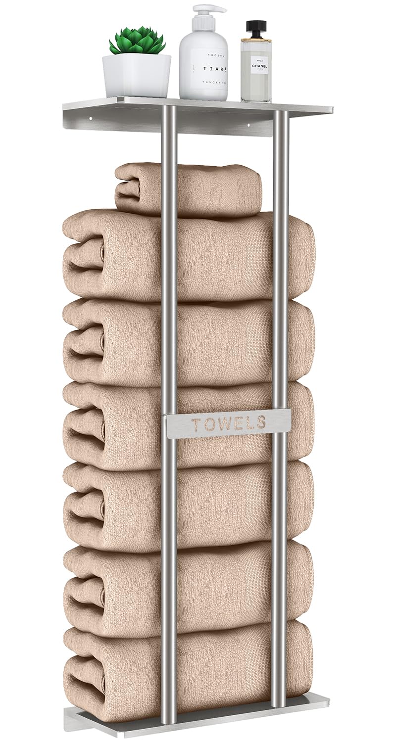 Stwwo Bathroom Towel Storage For Bathroom, Wall Towel Rack For Rolled Towels, 30 Inch Towel Holder Wall Mounted With Metal Shelf