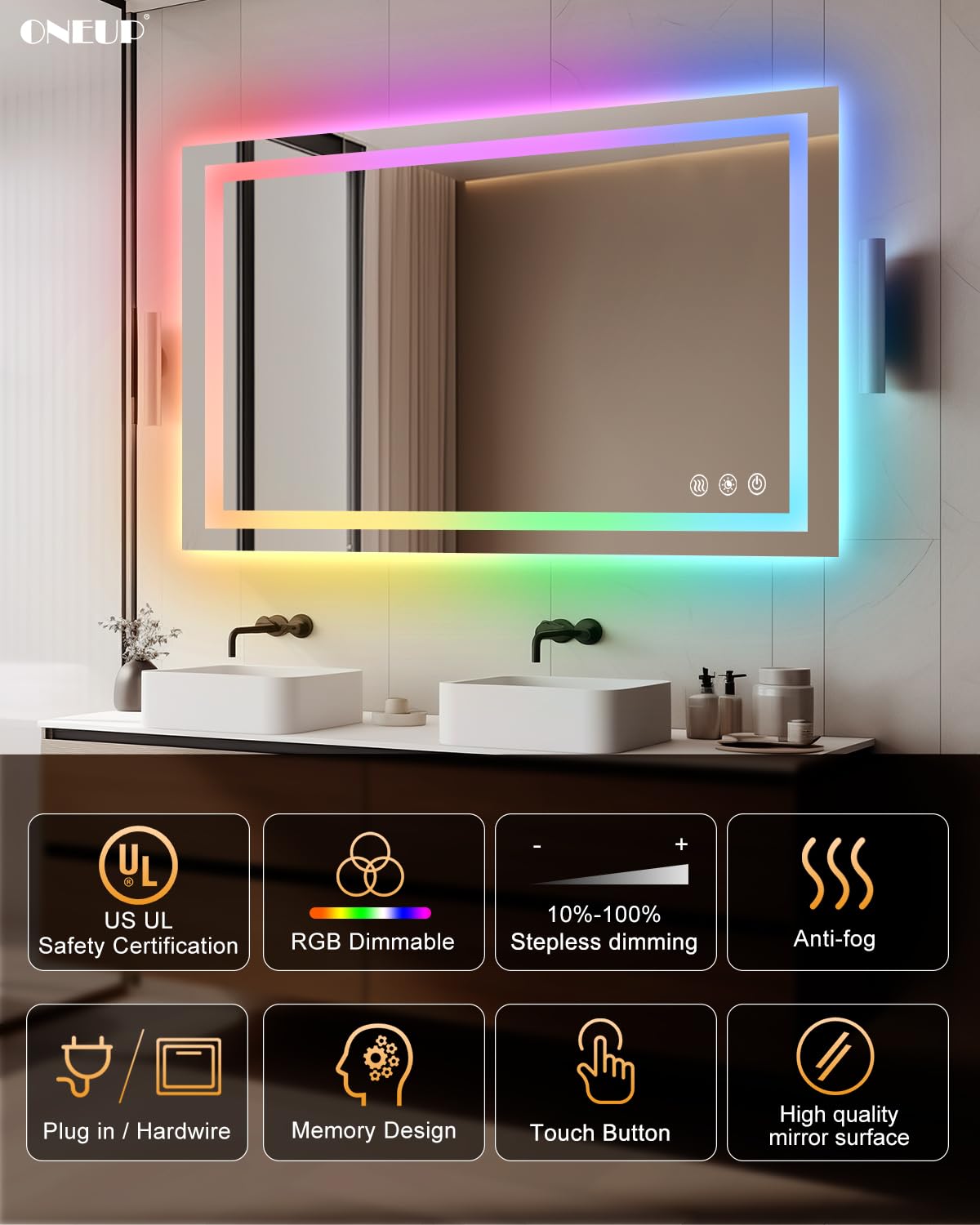 Oneup 40X24 Inch Led Bathroom Mirror,Rgb Color Changing Bathroom Mirror With Lights,Anti-Fog Wall-Mounted Vanity Mirrors,Smart D