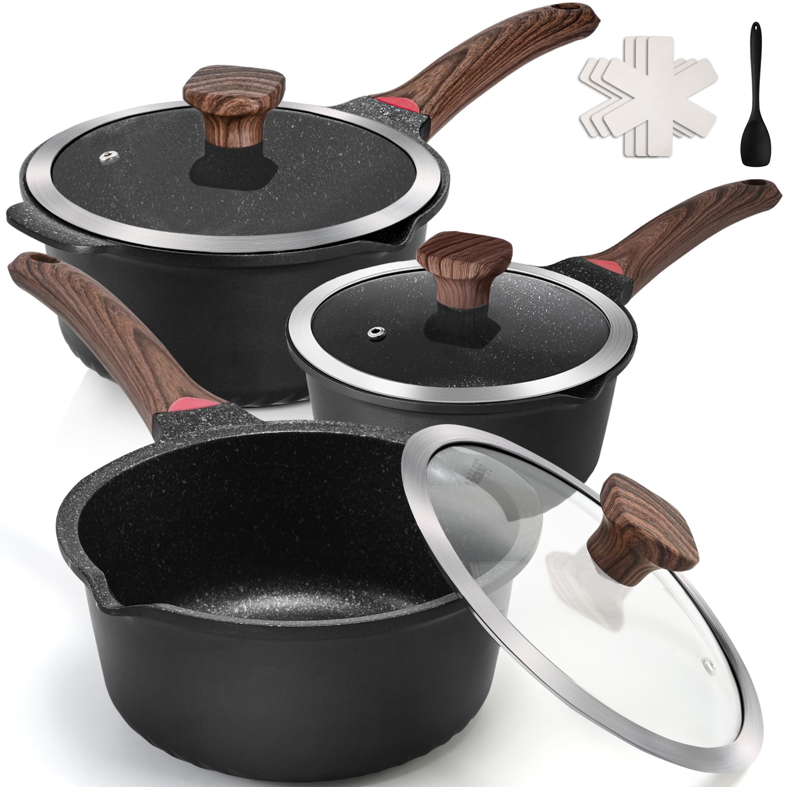 Vinchef New Nonstick Sauce Pot Set With Lids, 3Qt Saucepan & 4Qt Saucepot,Dishwasher Safe,Induction Compatible, Scratch/Stain Re