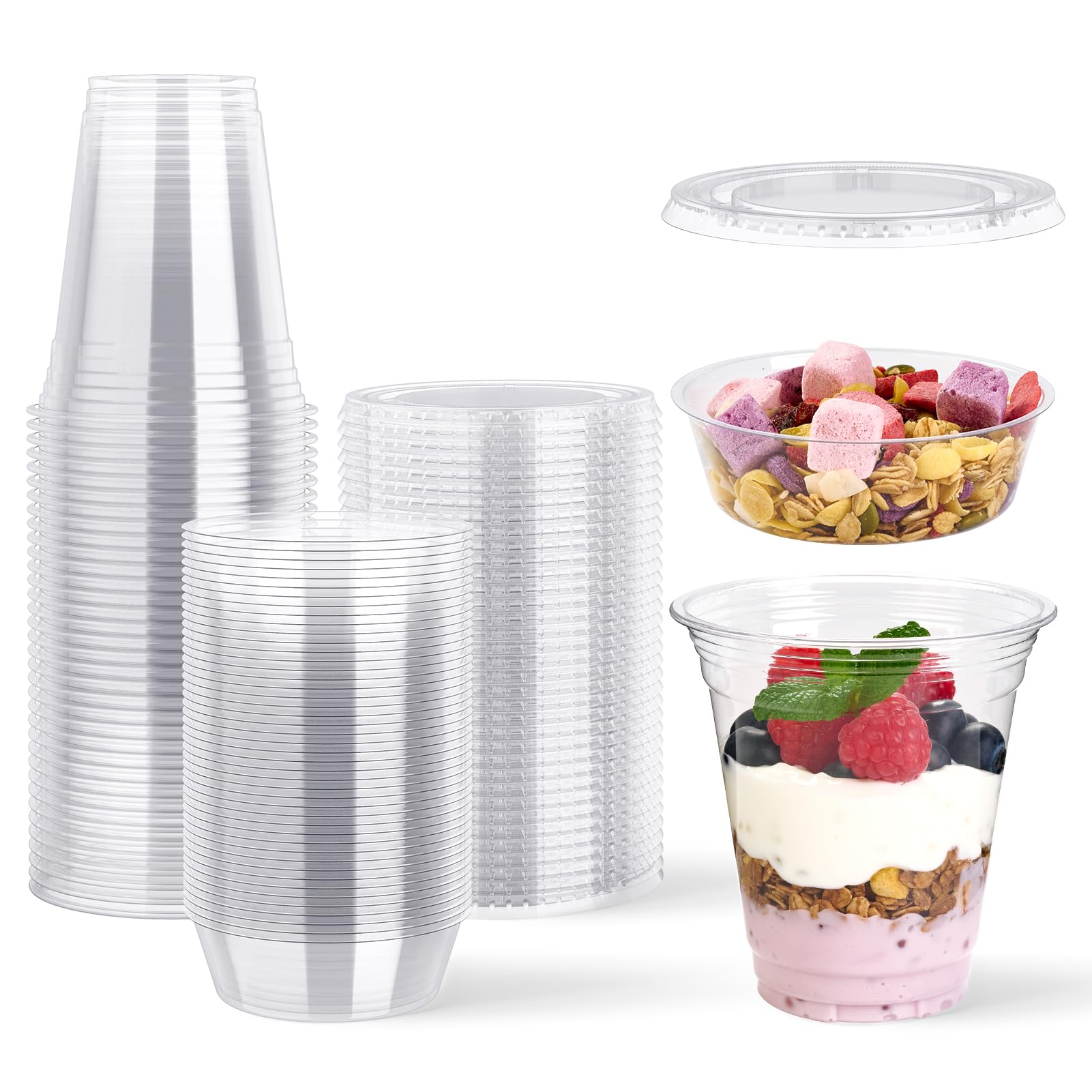 50 Sets 12 oz Disposable Plastic Parfait Cups with Insert & Flat lids