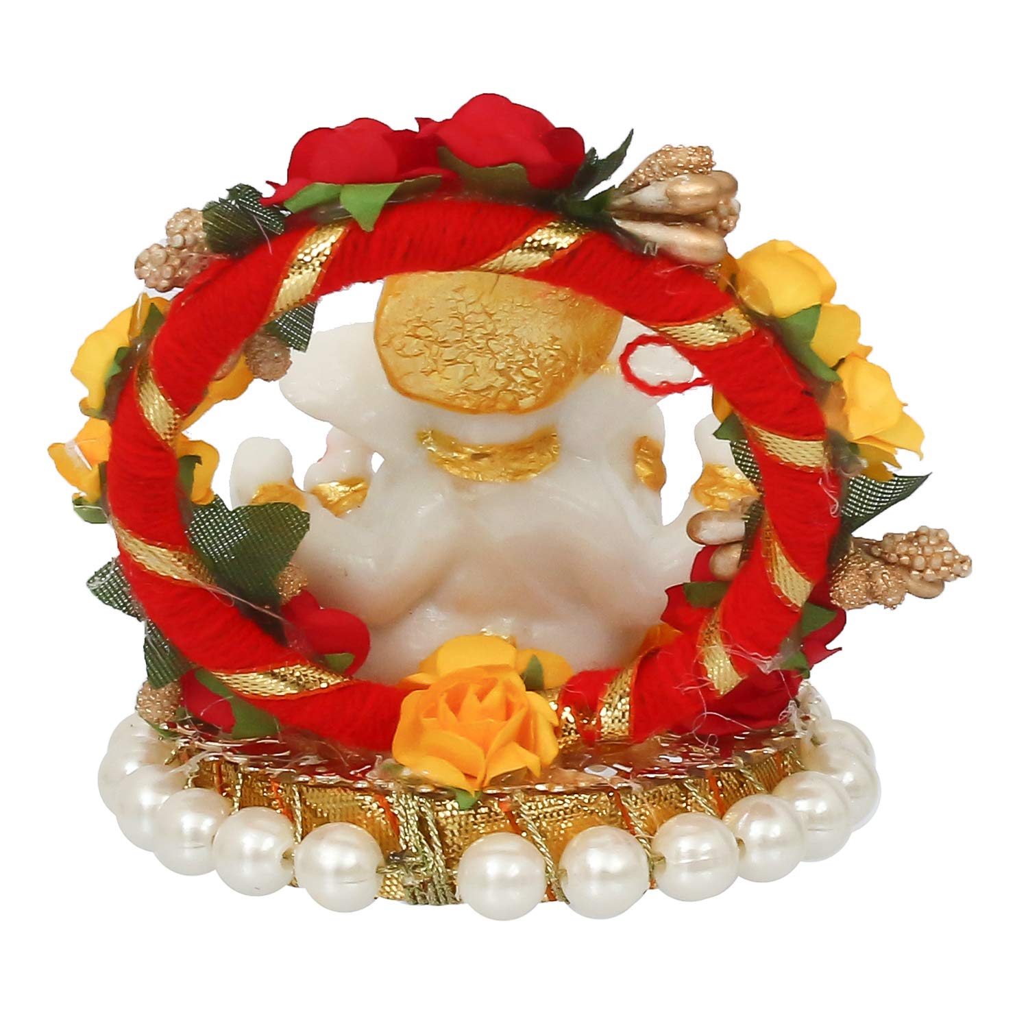 Ecraftindia Resin Lord Ganesha Idol On Decorative Rose Flower Plate- Ganesha Idol For Home Decor Car Dashboard- Ganesha Statue-