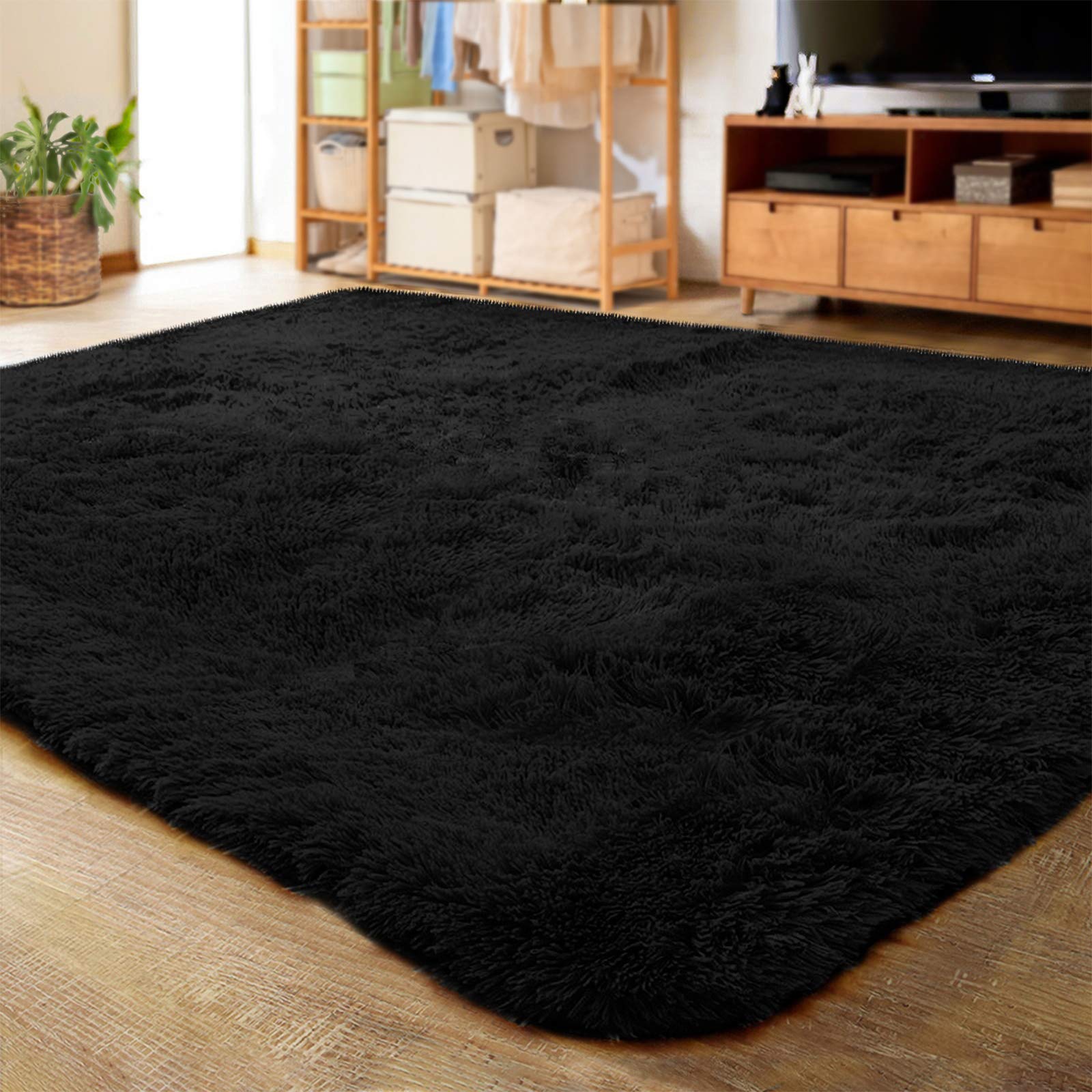 LOCHAS Ultra Soft Indoor Modern Area Rugs Fluffy Living Room Carpets for Children Bedroom Home Decor Nursery Rug 4x5.3 Feet, Bla
