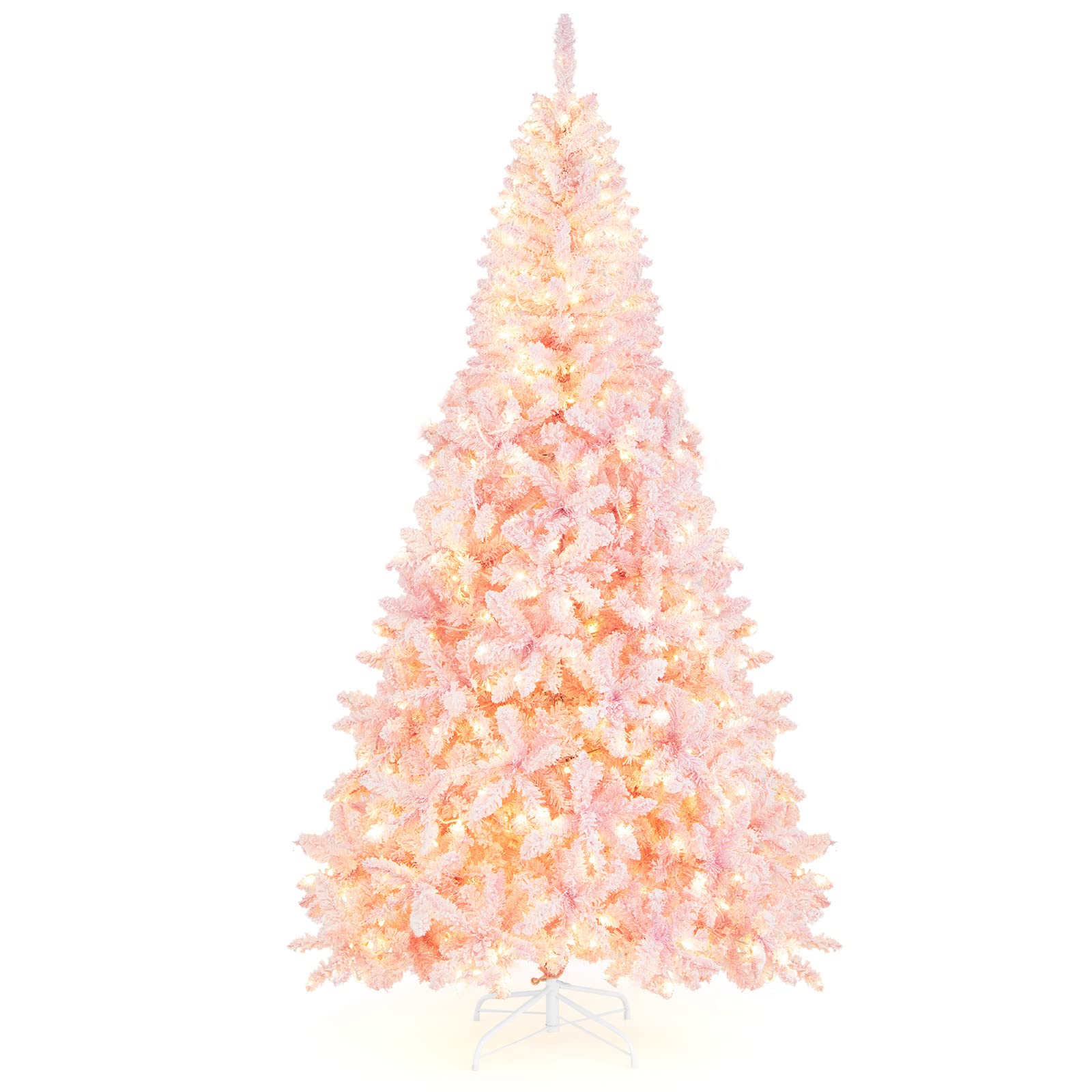 Goplus 7.5ft Pink Pre-Lit Christmas Tree, Hinged Artificial Snow Flocked Xmas Tree with 1100 PVC Branch Tips, 450 LED Lights, 8 