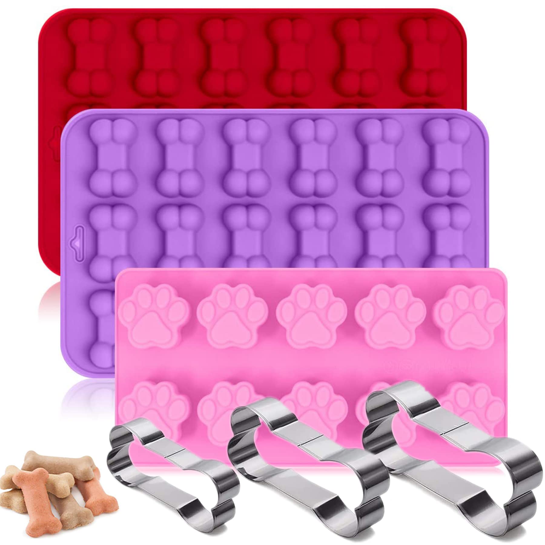 Rugvomwm Set Of 6,3 Packs Silicone Molds Puppy Dog Paw & Bone Shaped And 3 Packs Stainless Steel Dog Bone Cookie Cutters,For Hom