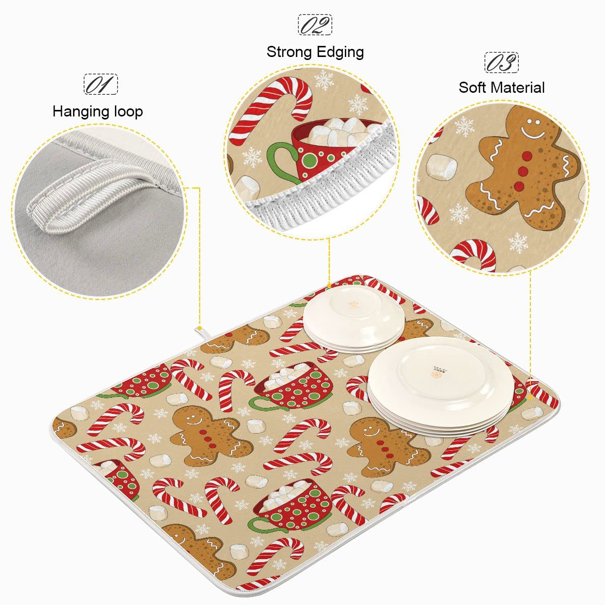 Christmas Gingerbread Man Candy Cane Dish Drying Mat For Kitchen Winter Snow Snowflake Snowman Xmas Microfiber Drying Mats Absor
