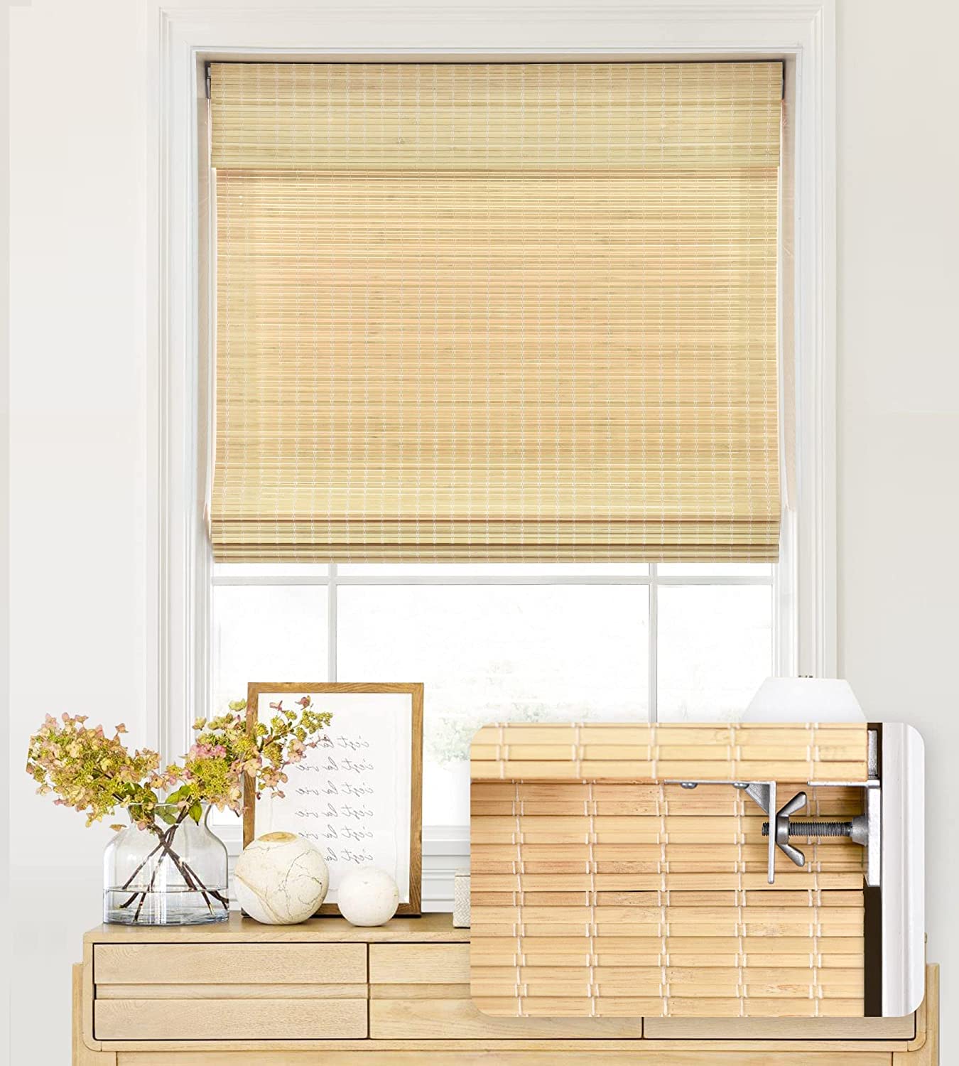 LazBlinds No Tools No Drill Cordless Bamboo Roman Shades, Privacy Window Treatment, Roll Up Bamboo Blinds for Windows 43   W x