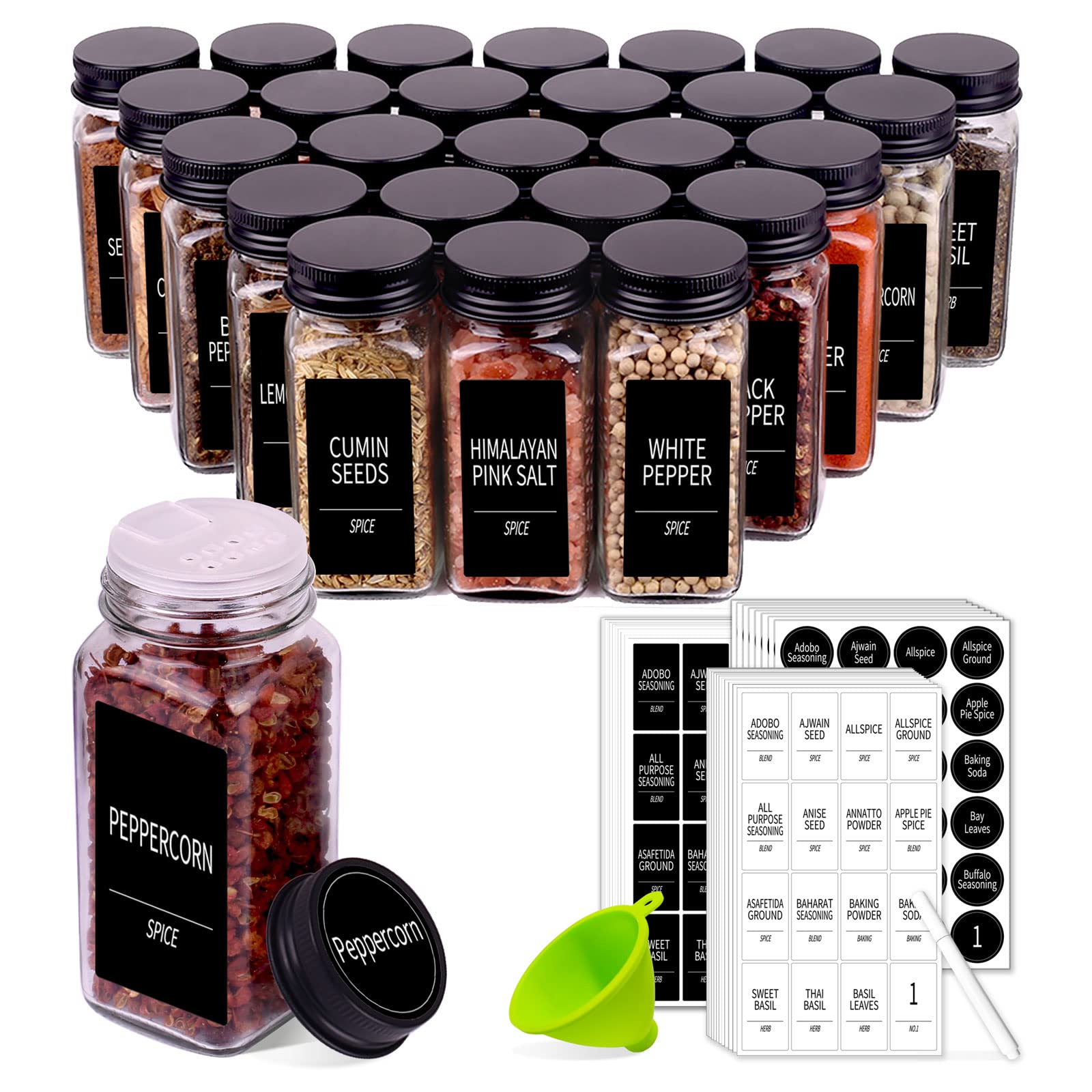 25 Spice Jars With 547 Labels- Glass Spice Jars With Black Metal Caps, 4Oz Empty Spice Containers With Shaker Lids, Funnel, Chal