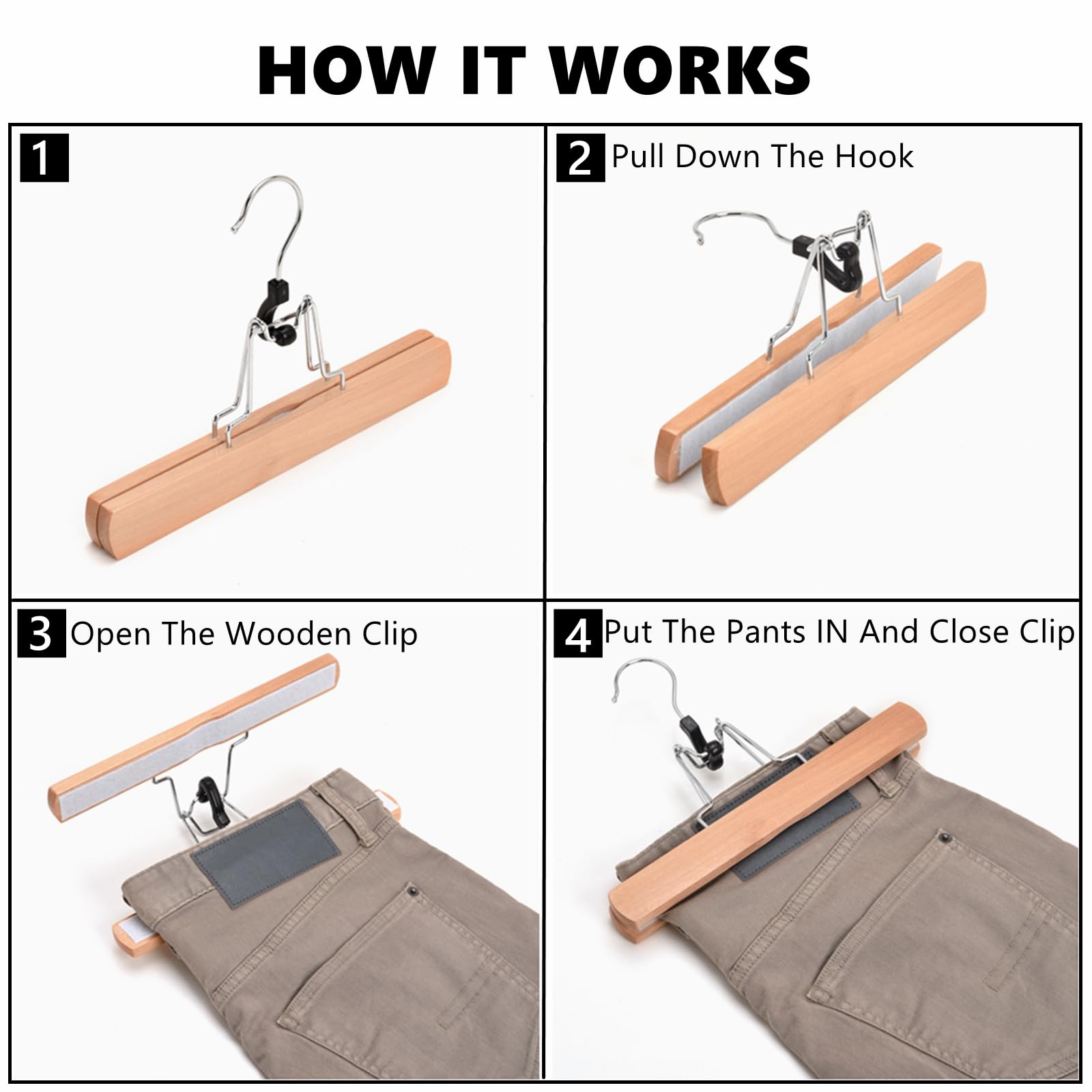 Amber Home 10 Pack Natural Wooden Pants Hangers, Wood Clamp Hangers With Non Slip Padded Velvet, Jeans/Slacks Hangers Hair Exten