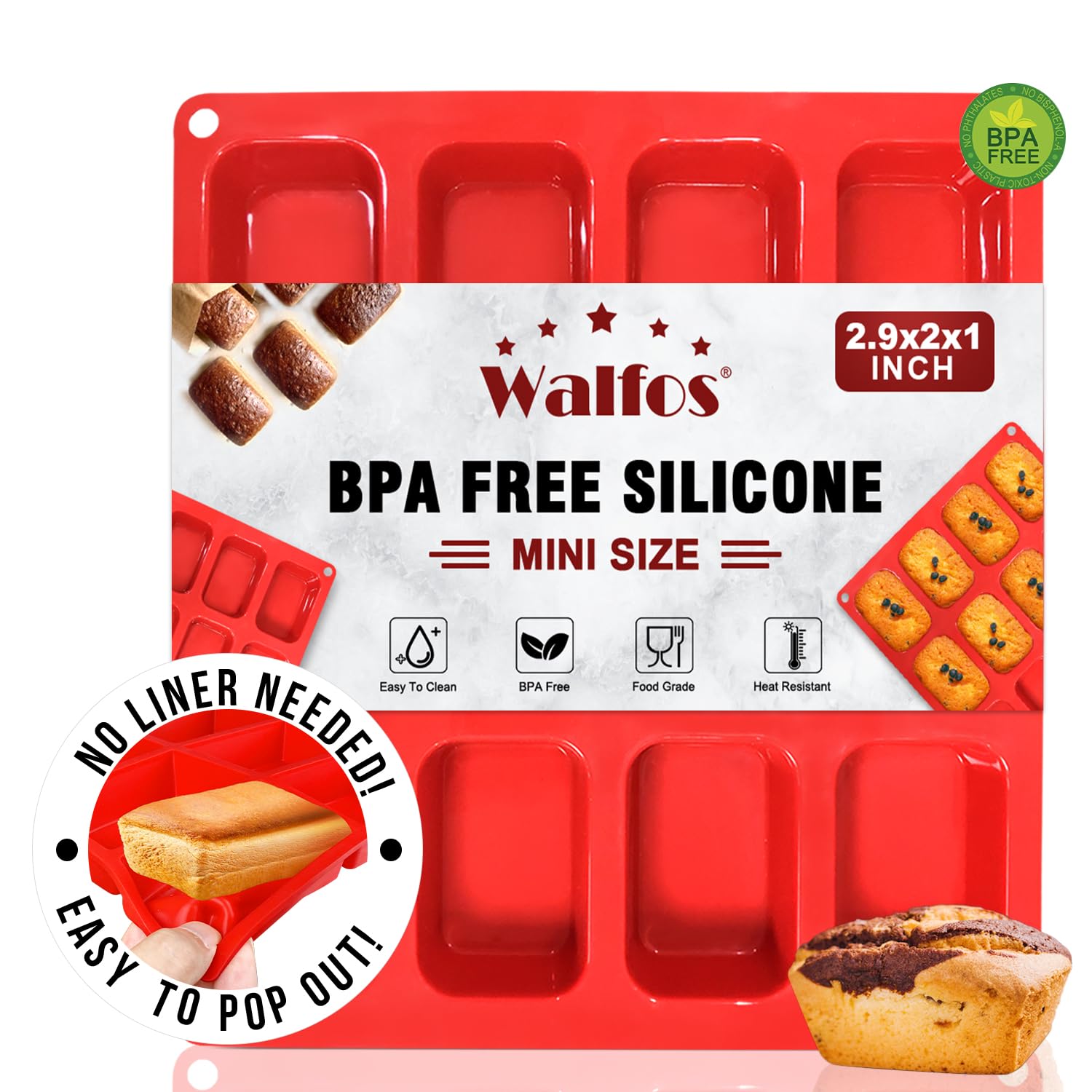 Silicone Mini Loaf Pan, Walfos 12 Cavities Mini Bread Pan Brownie Pan, Food Grade & Non-Stick, Ideal For Mini Bread, Brownie, Co