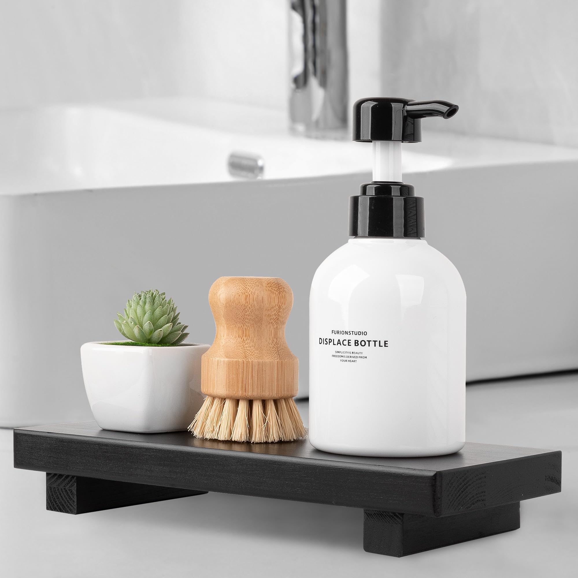 Bathroom Counter Organizer Wood Pedestal Stand Farmhouse Decorative Tray Soap Holder For Kitchen Decor, Large 10'' X 4.5'' - Bla