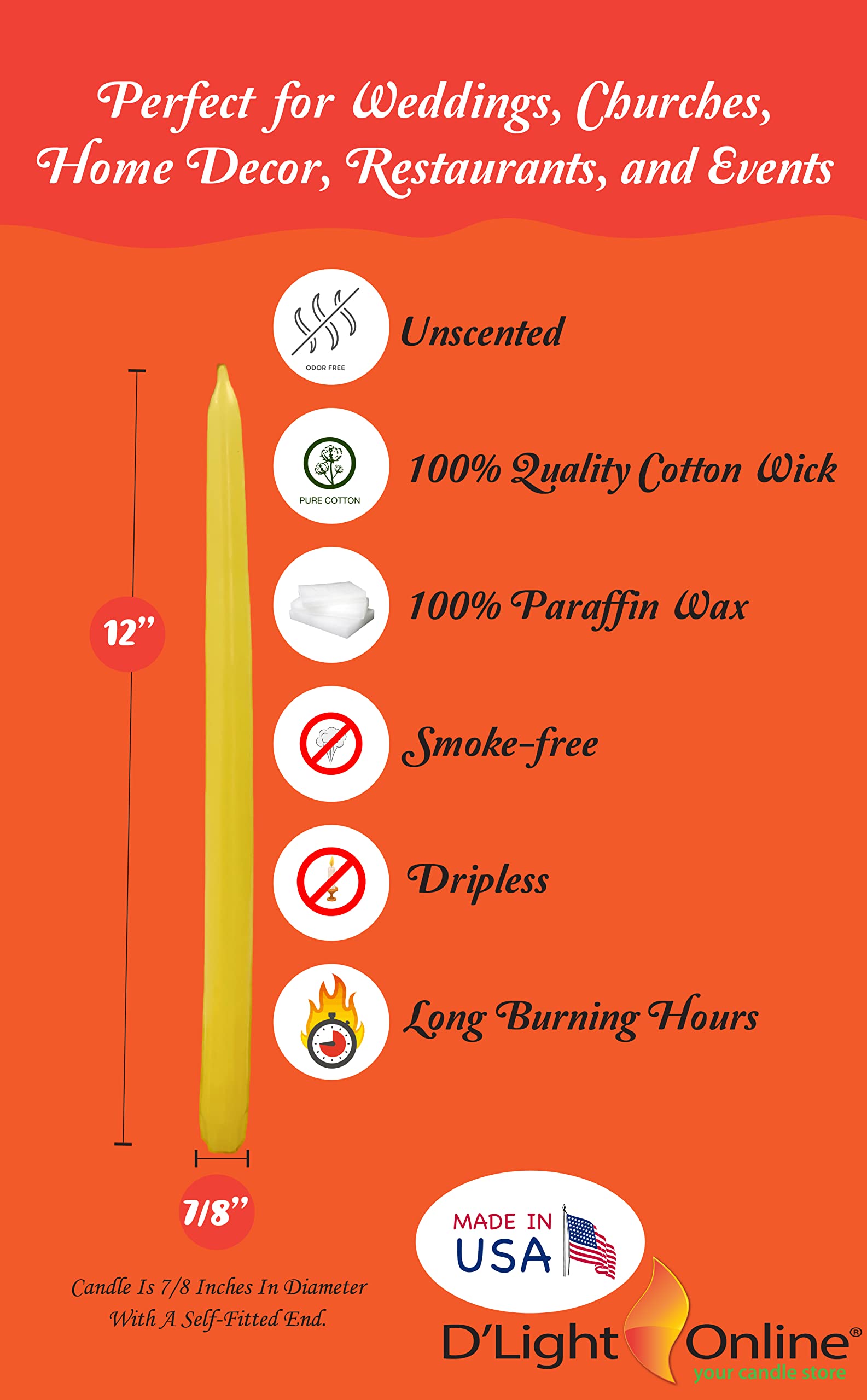 D'light Online Elegant Unscented Yellow Taper Premium Quality Candles Hand-Dipped  Dripless and Smokeless - Set of 12 Individually Wrapped (12 Inch  Yellow)