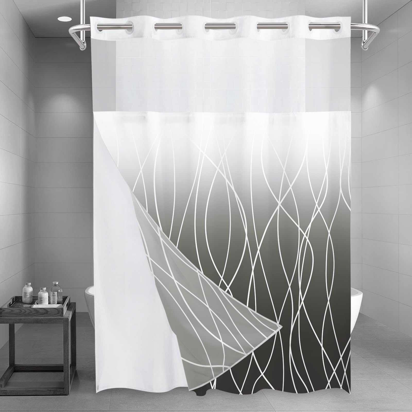 Lxbni No Hook Ombre Dark Grey Striped Long Shower Curtain With Snap In Fabric Liner Set - Hotel Shower Curtain And Liner Set Wit