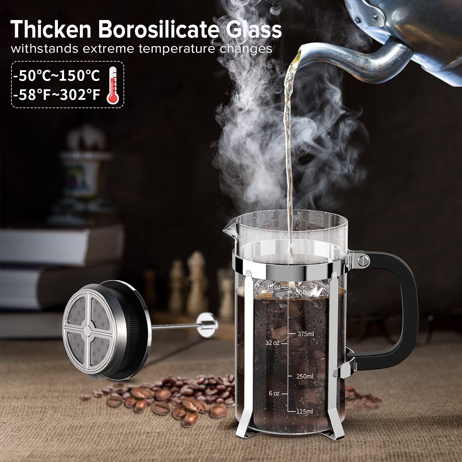 QUQIYSO French Press Coffee Maker, 21oz Borosilicate Glass, Silver, Heat Resistant, Easy to Clean, 4 Filters, BPA Free