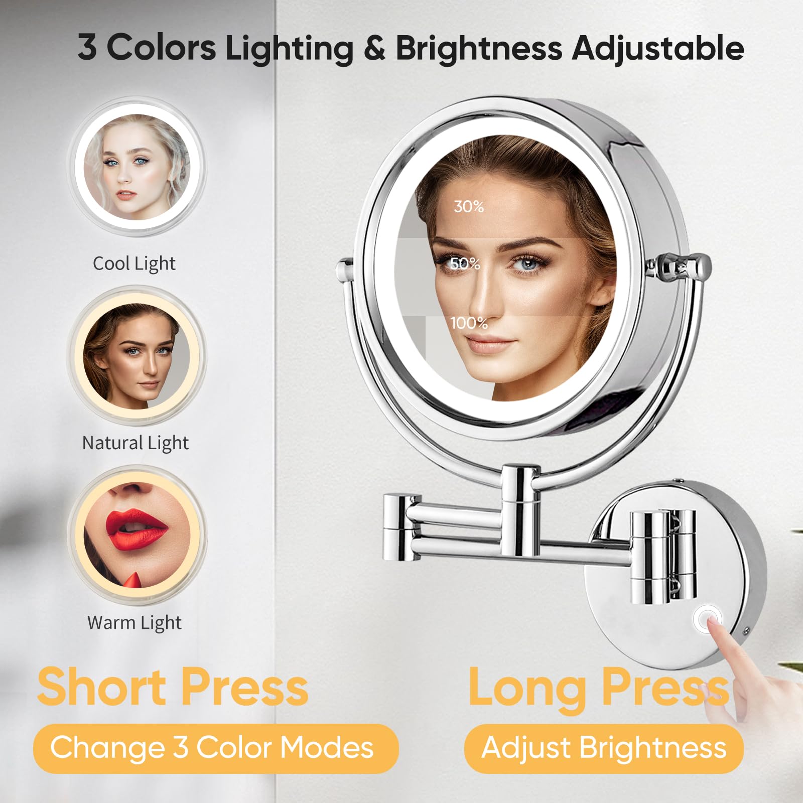 Gurun 8.5 Inch Magnifying Makeup Mirror With 3 Tones Dimmable Led Lights Double Sided Touch Control Rechargeable Vanity Mirror F
