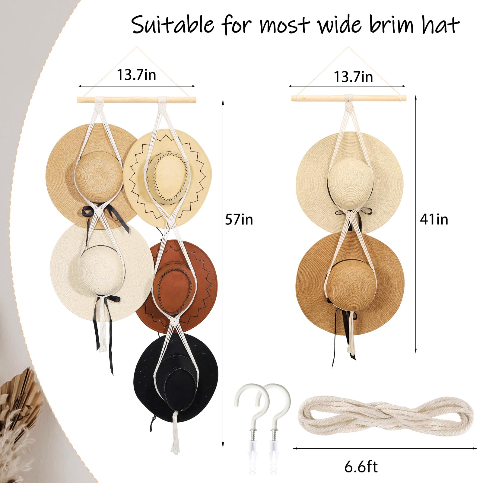 Zyp 7 Hats Style Macrame Hat Hangers Hat Rack For Wall,Women Decor Hat Holder,Bobo Hanging Hat Organizer Storage,Hat Display For