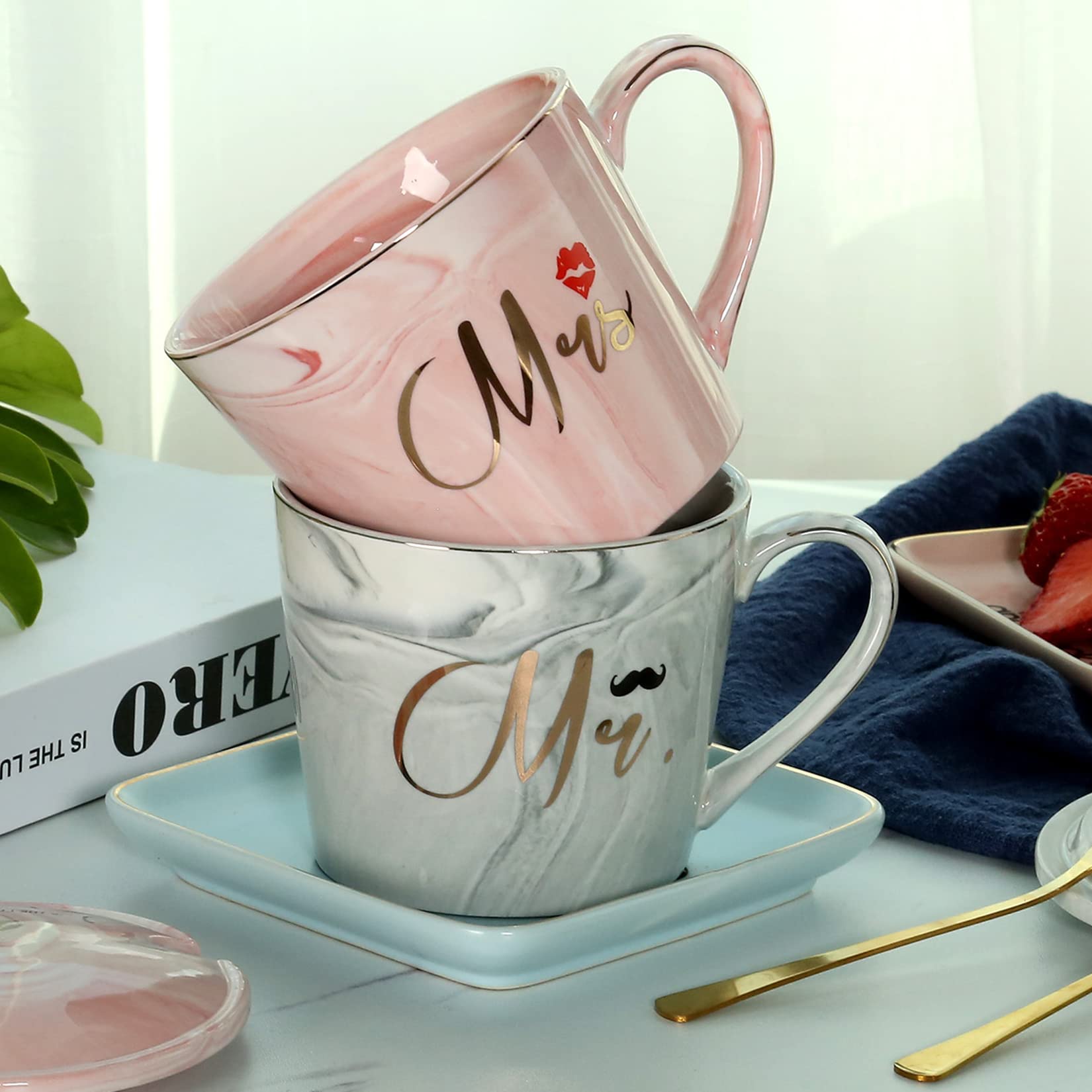 EXREIZST Mr And Mrs Couple Coffee Mugs Set- Wedding Gifts for Bride and Groom Mugs  His and Hers Gifts Anniversary  Bridal Gifts for Engagement Birthday Party - Married Couples Ceramic Marble Cups