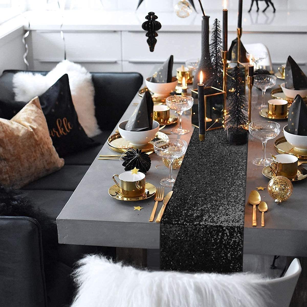 Yuboo Black Sequin Table Runners 12''X 108'', 2 Pack Glitter Table Runner, Graduation Party Decorations, Sparkly Black Decoratio