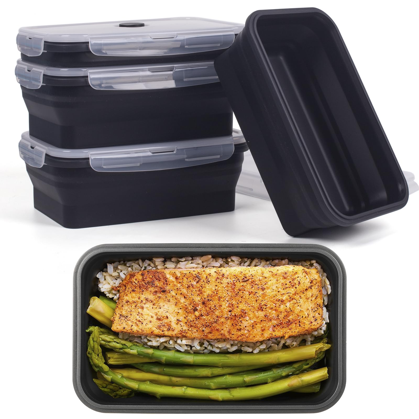 Collapsible Food Storage Containers with Lids, 4 Pack, 40 oz Silicone 1-Compartment Meal Prep Containers Reusable, Lunch Bento B