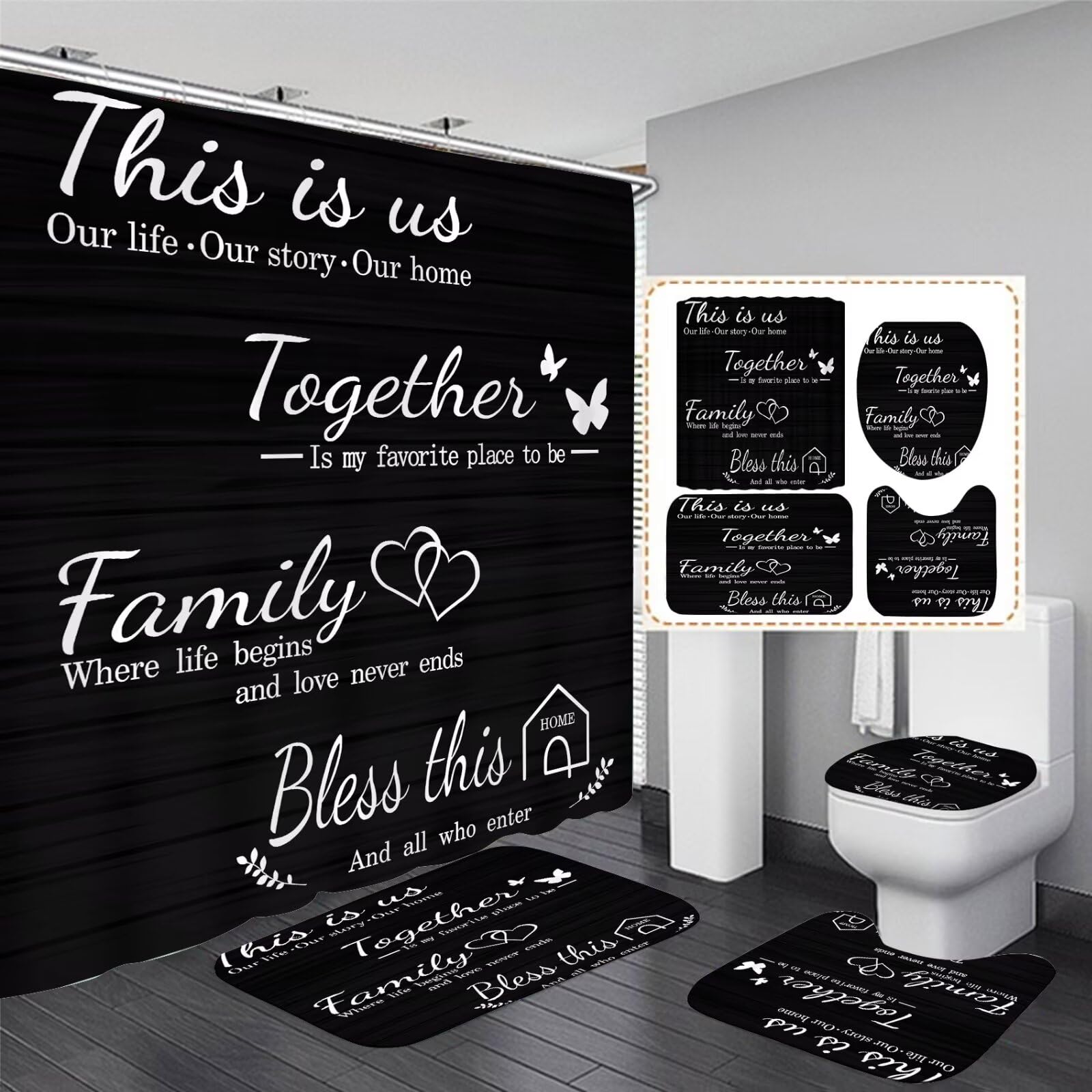 Azhm Family Shower Curtain Set Black Home Bathroom Set With Shower Curtain And Rugs And Accessories Bathroom Decor Curtain With